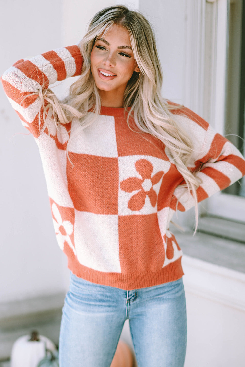 Women's Sweater Featuring Checked Floral-Print Print Striped