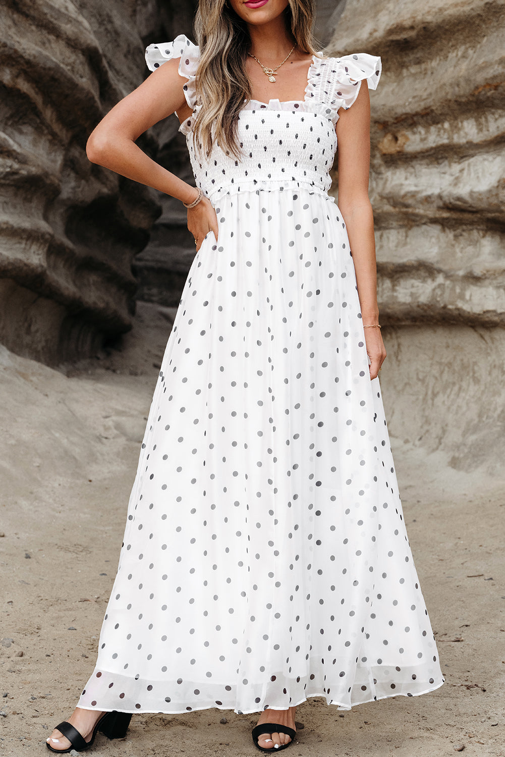 White Polka Dot Square Neck Smocked Maxi Dress