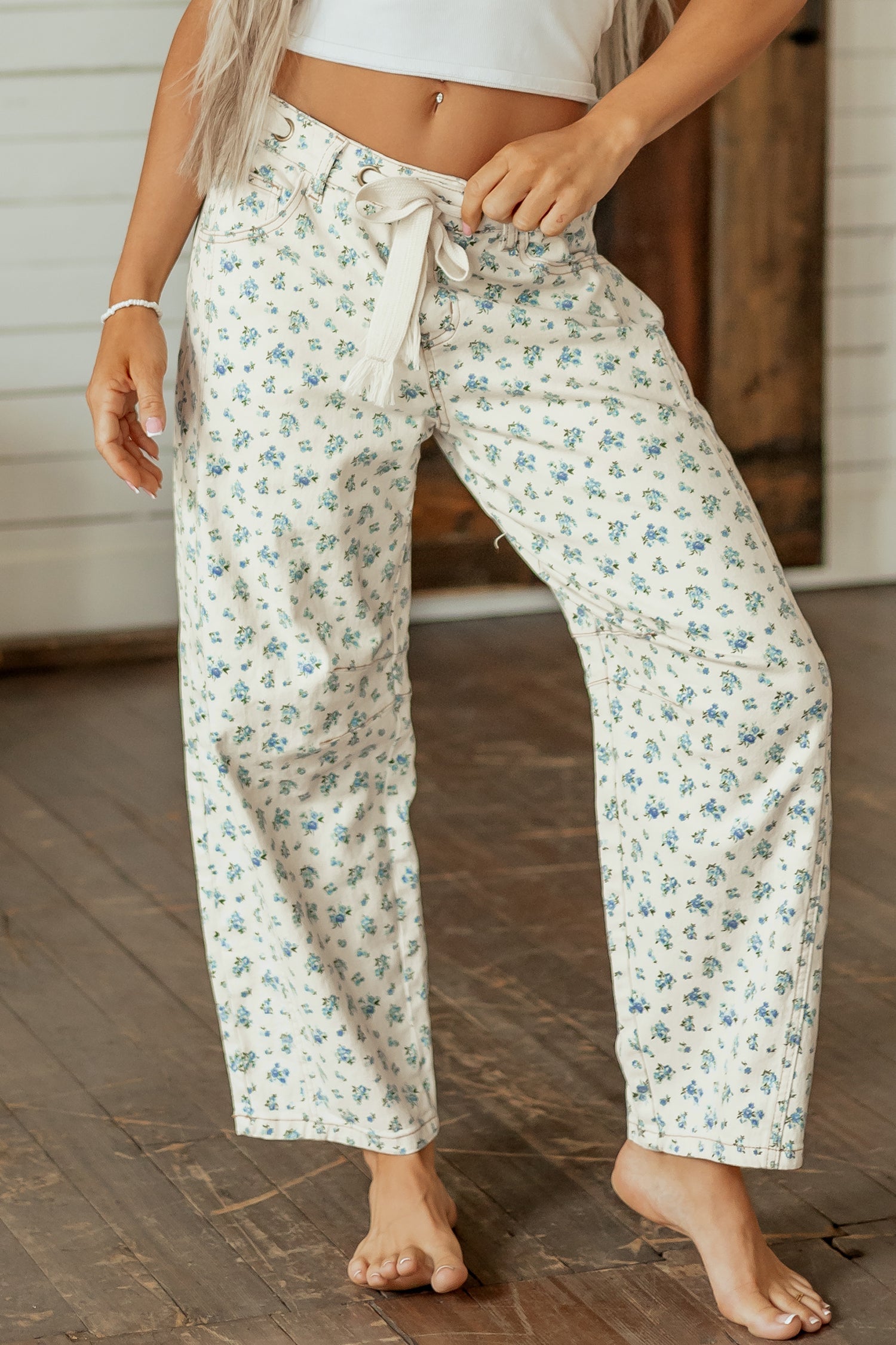 Grommet Knot Waist Floral Barrel Leg Jeans in Beige