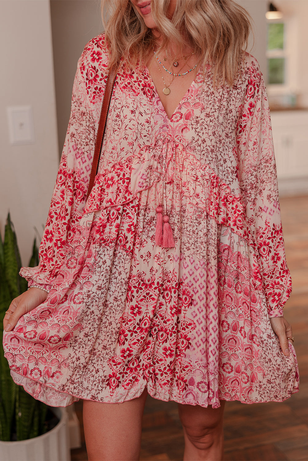 Bohemian Floral-Print Tassel Tie Long-Sleeved Flowy Mini Dress