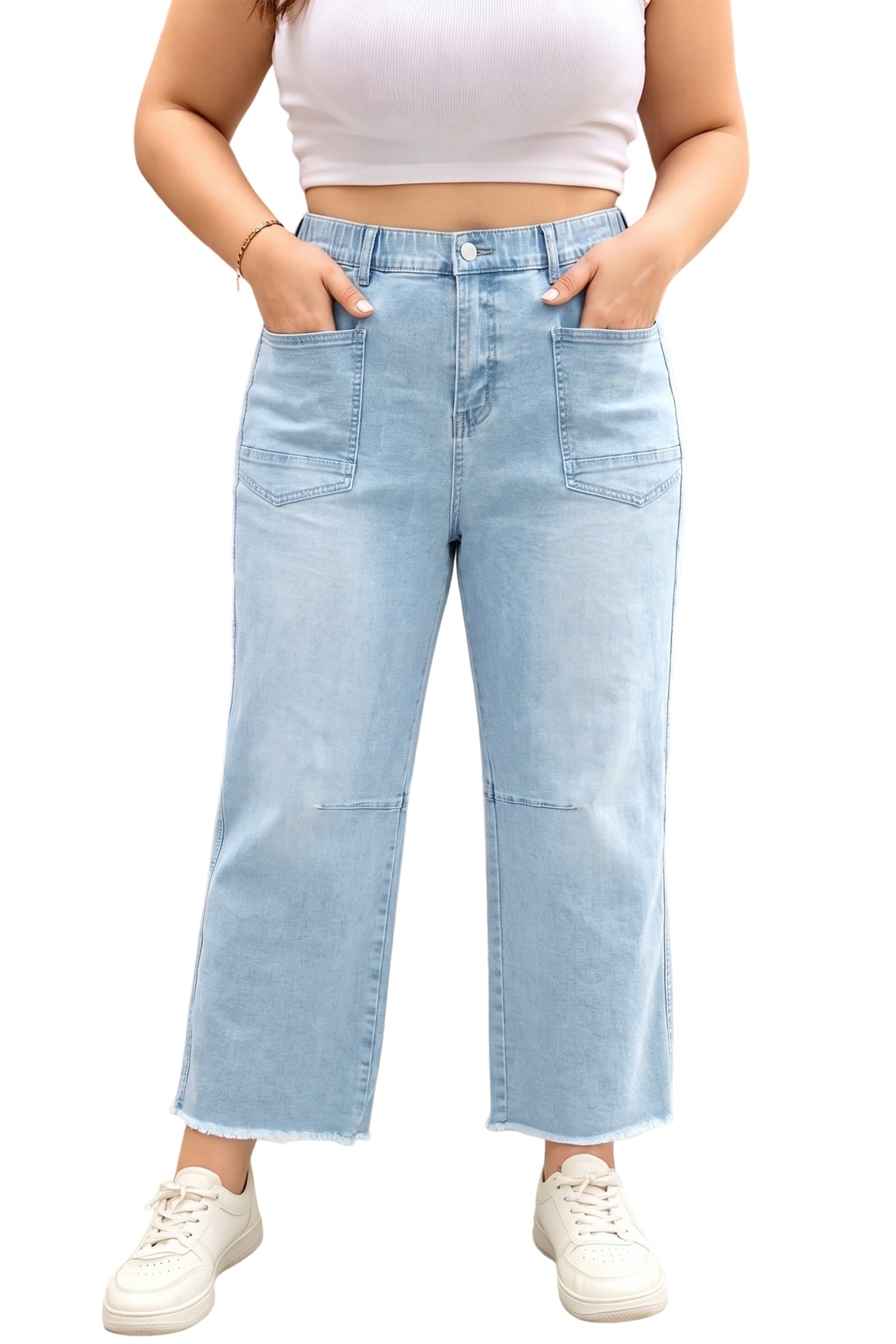 Plus Size Seam Detail Patch Pocket Raw Cut Shift Jeans in Beau Blue