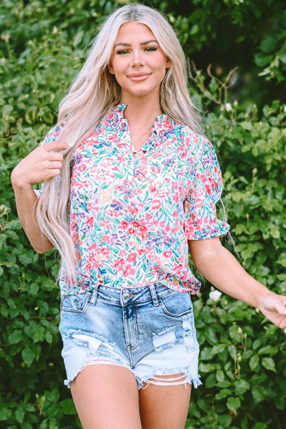 Women's Floral-Print Print Split Neck Balloon Sleeve Blouse