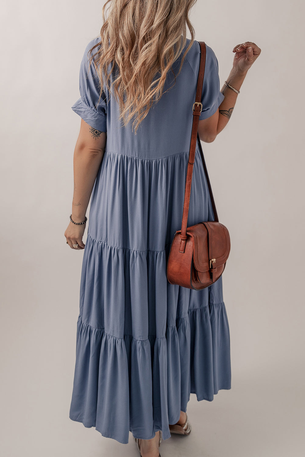 Hidden Ruffle Buttons Short-Sleeved Tiered Long Flared Dress