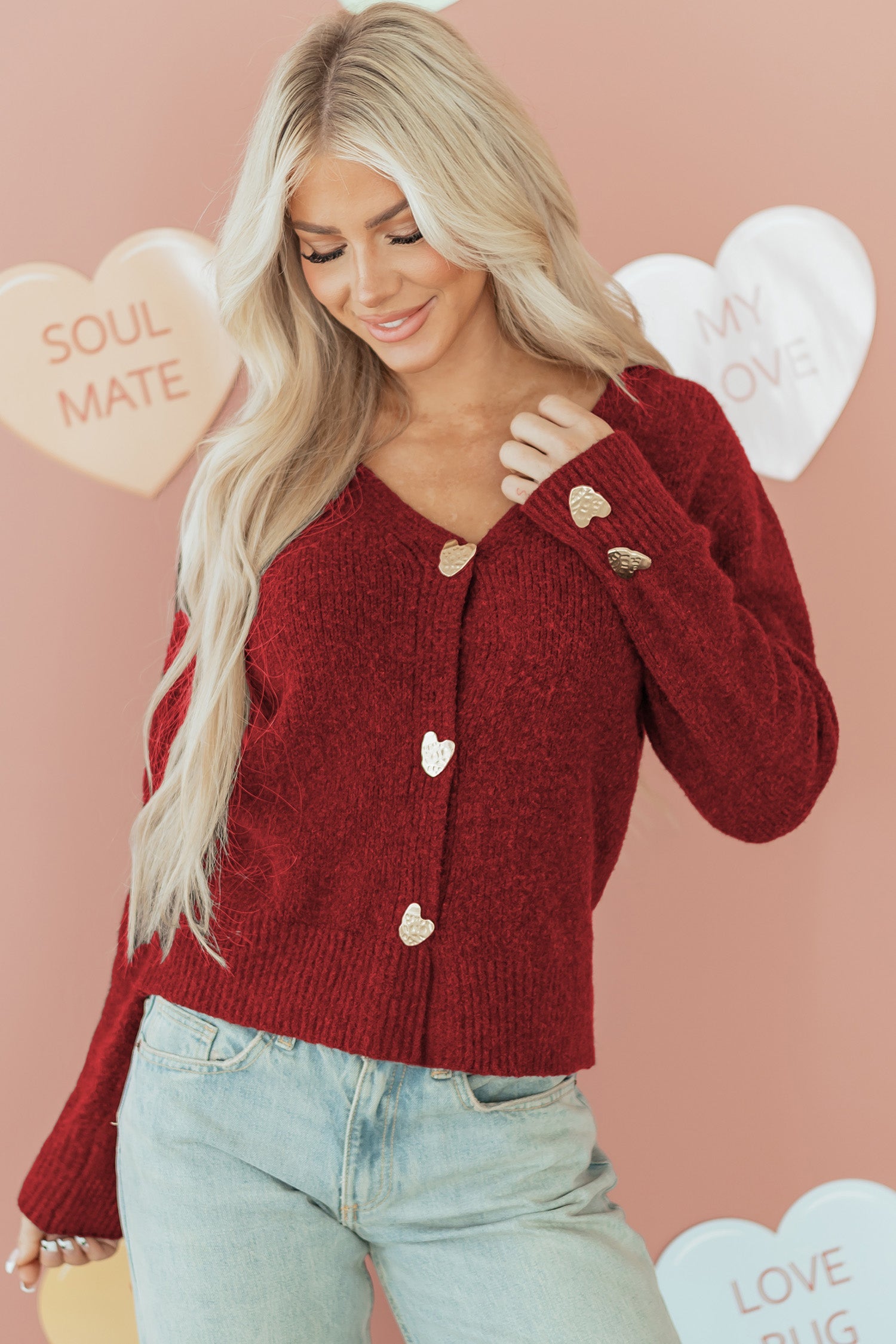 Heart V-Neck Metal Button Wool Cardigan Knit Top in Fiery Red
