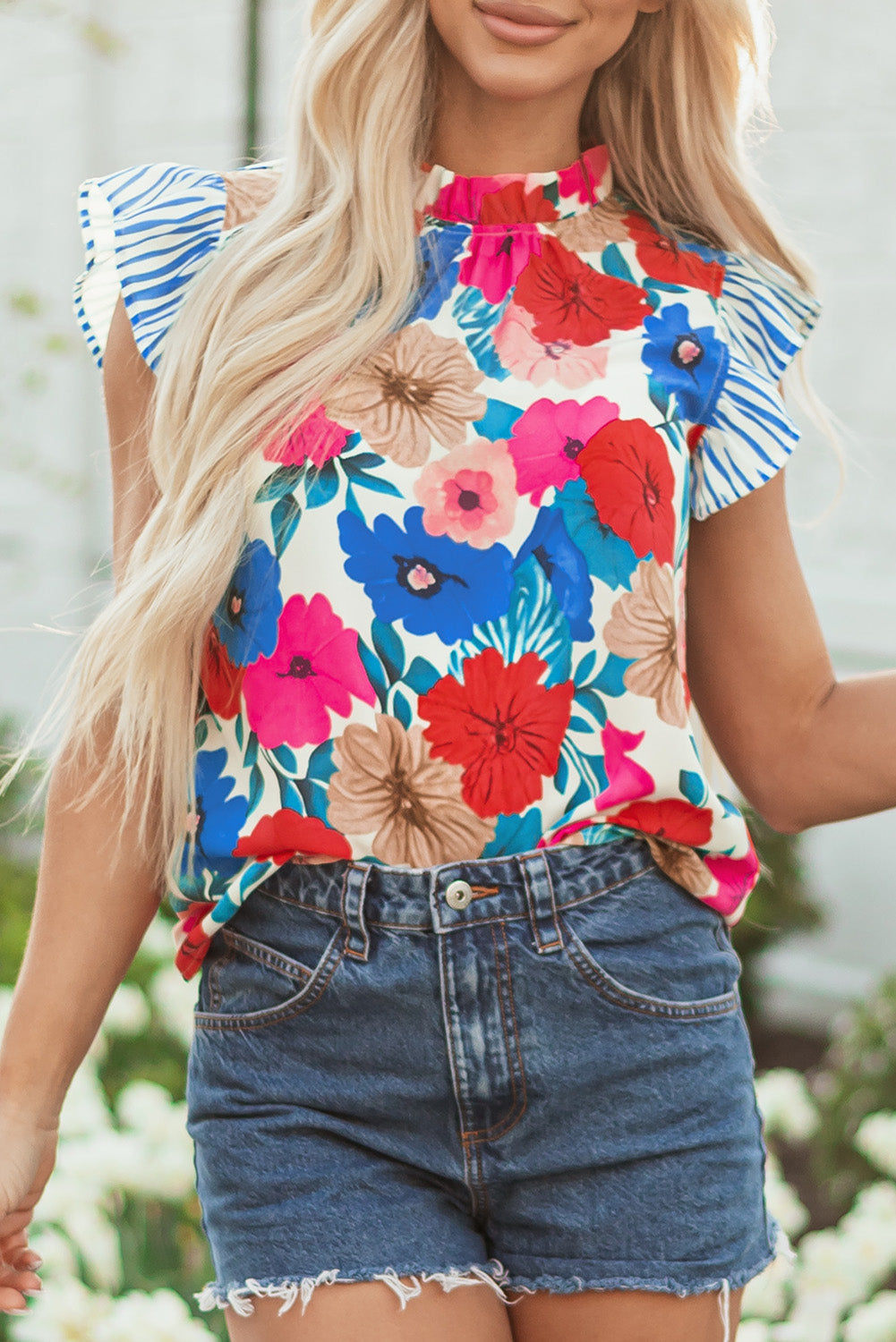 Striped Floral Mock-Neck Flutter Sleeve Blouse