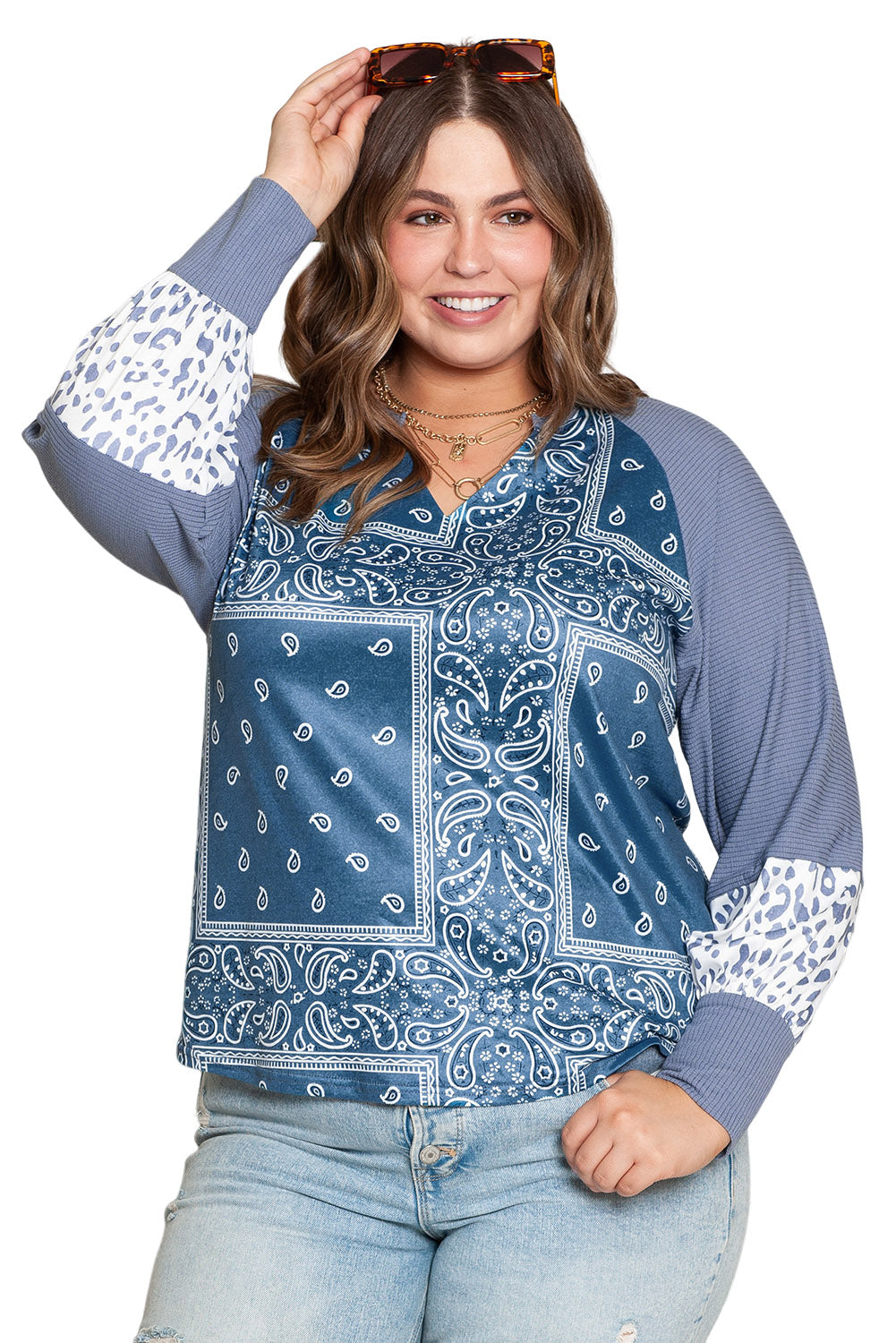 Haut Bleu Ciel Léopard Paisley Patchwork Col Fendu Grande Taille