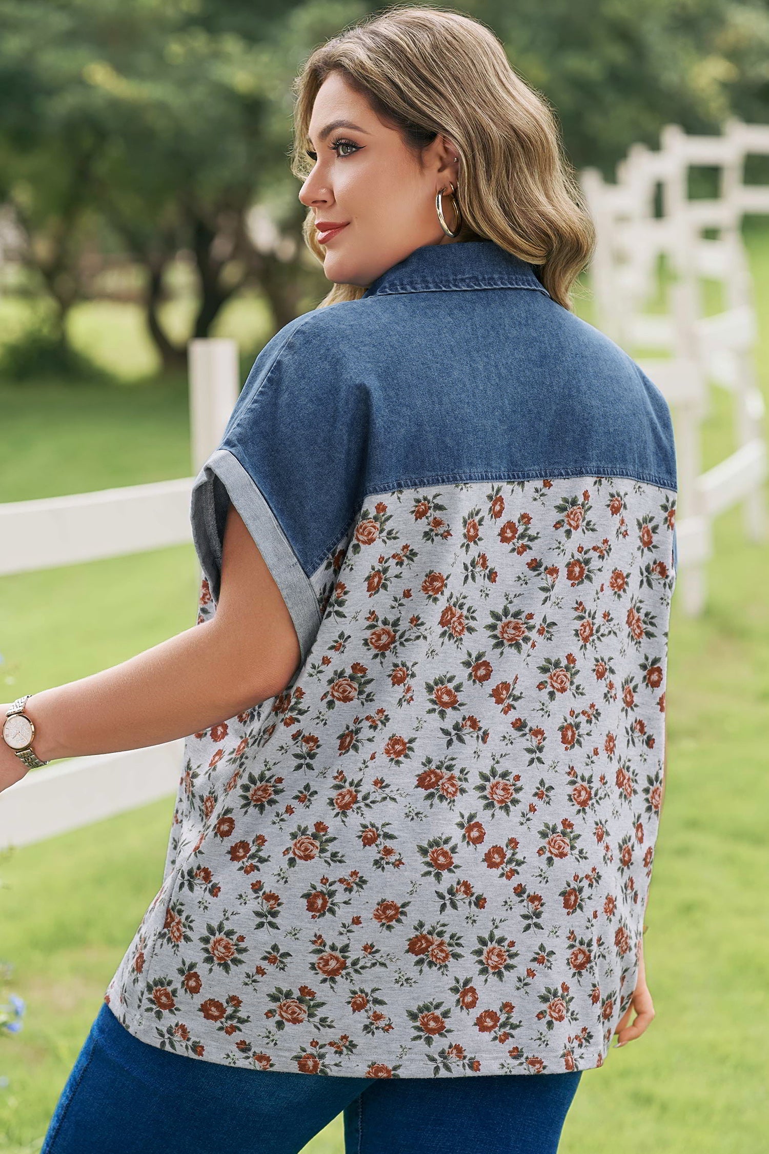 Floral-Print Denim Retro Denim Patchwork Plus Size Polo Tee in Gray