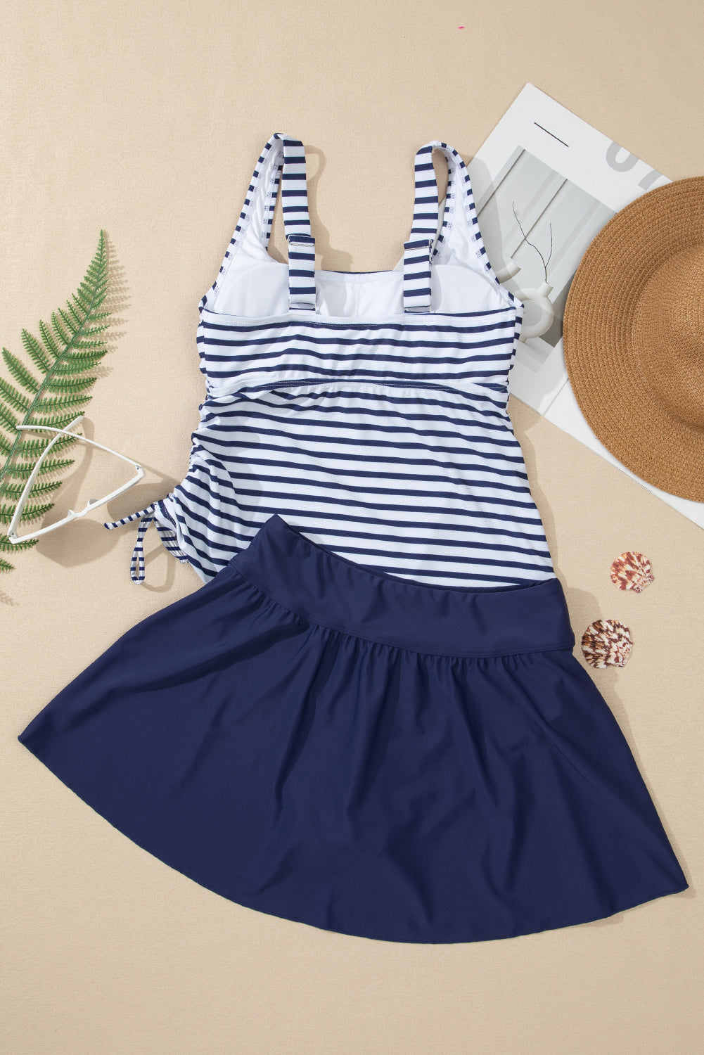 Neck Stripe Scoop Adjustable Tankini and Matching Skort Bathing Suit in Blue