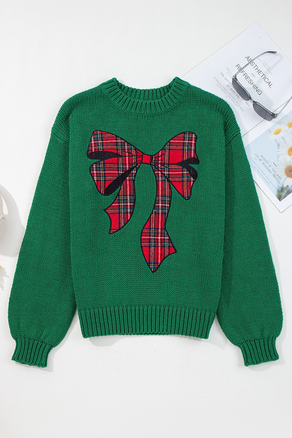 Graphic Plaid Bow Christmas Knit Top
