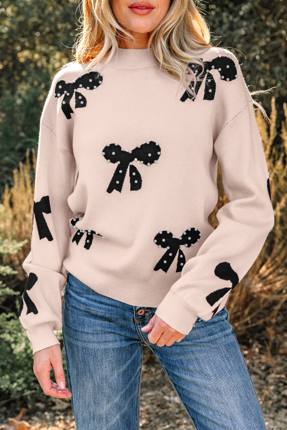 Pearl Embellished Bow Pattern Loose Knit Top