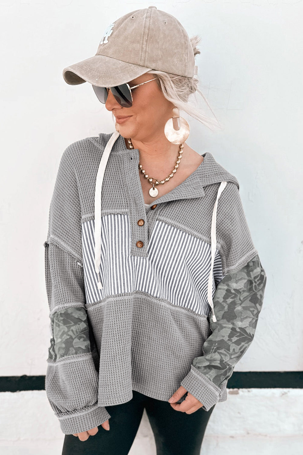 Waffle Printed Patchwork Drawcord Hooded Long-Sleeved Top