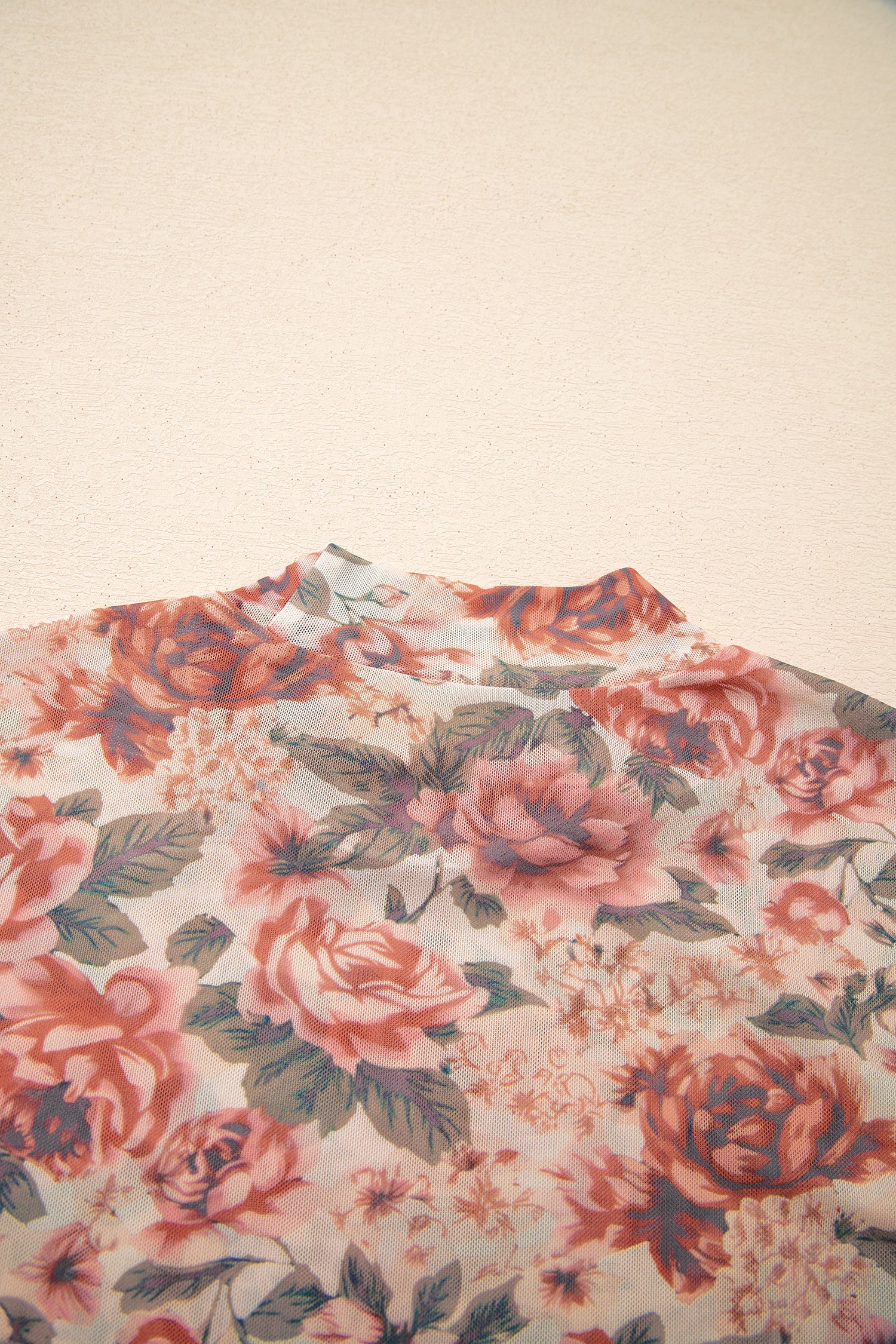 Mock-Neck Retro Floral-Print Mesh Long-Sleeved Top