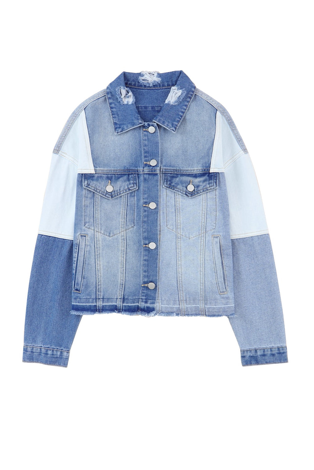Women's Jacket Featuring Color-Block Denim Patchwork Frayed Hem