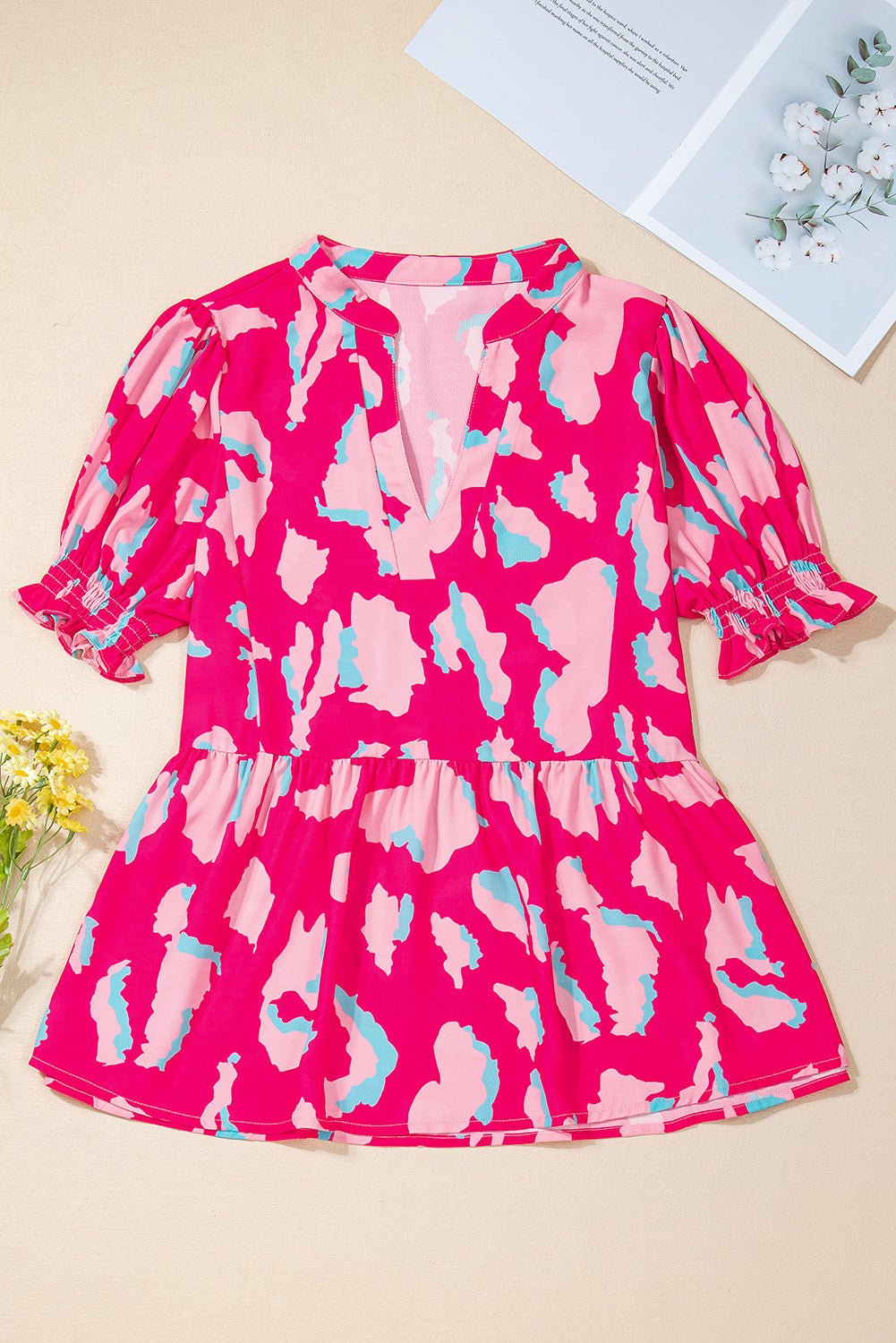 Women's Blouse with Shirred Balloon Sleeve V Neck