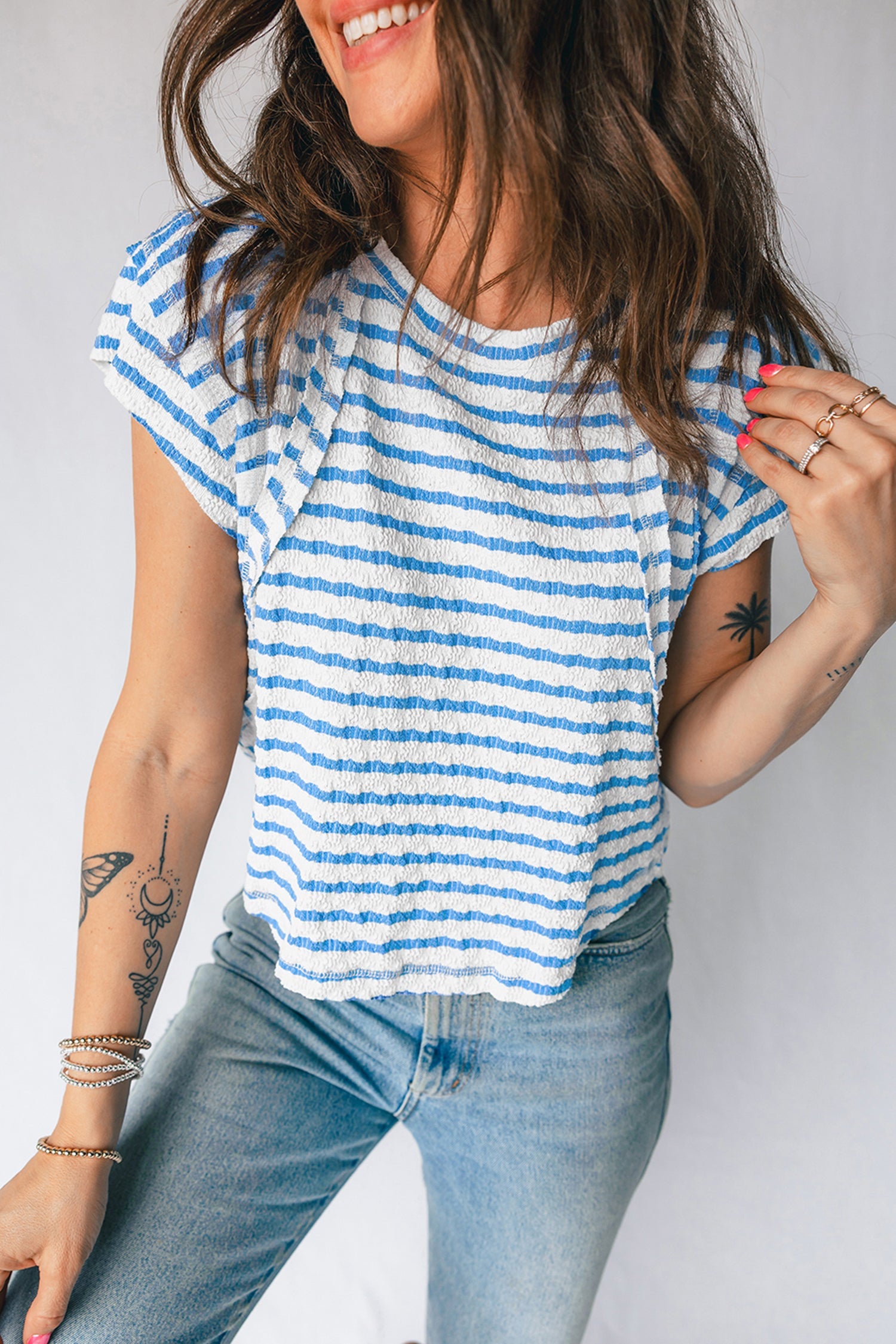 Stripe Textured Short-Sleeved Patchwork T Shirt in Blue