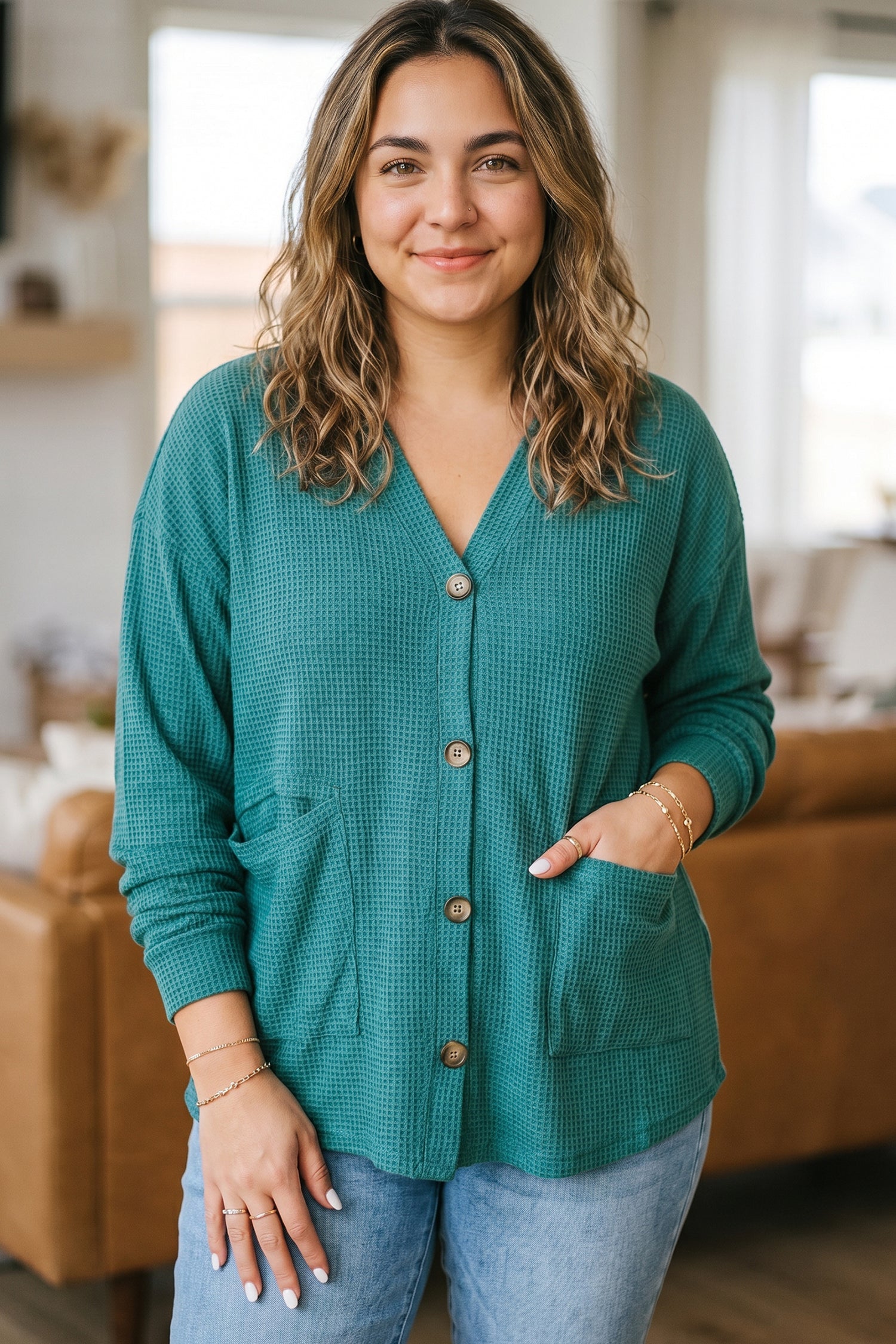 Textured Lapis Waffle Button Front Tunic Plus Size Cardigan