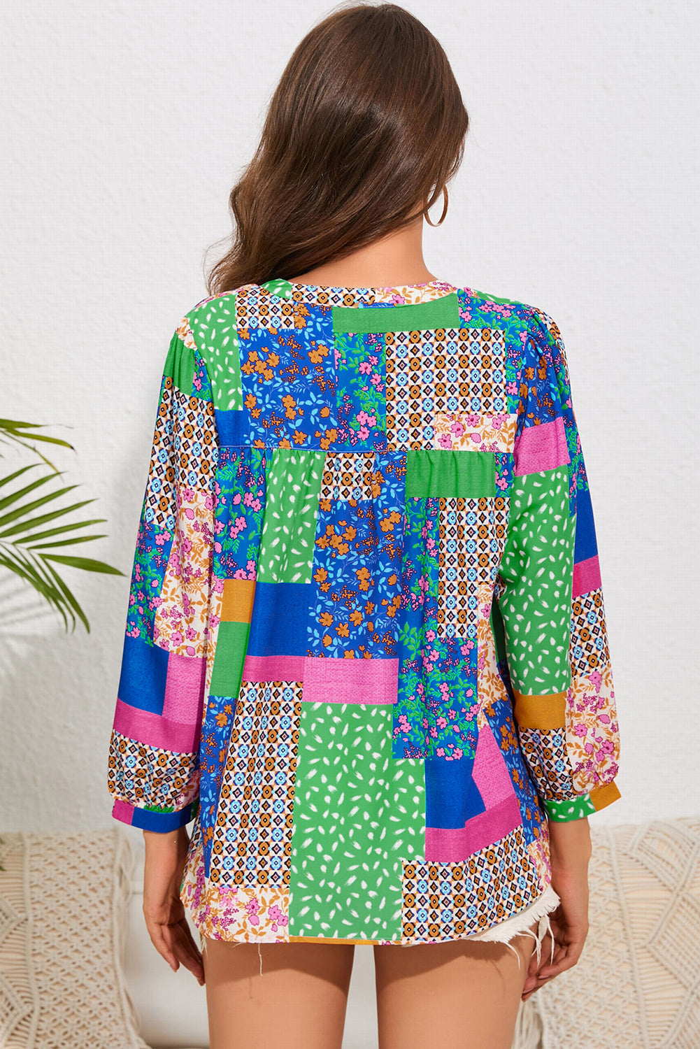 Shirt for Women Floral-Print Patchwork Balloon Sleeve