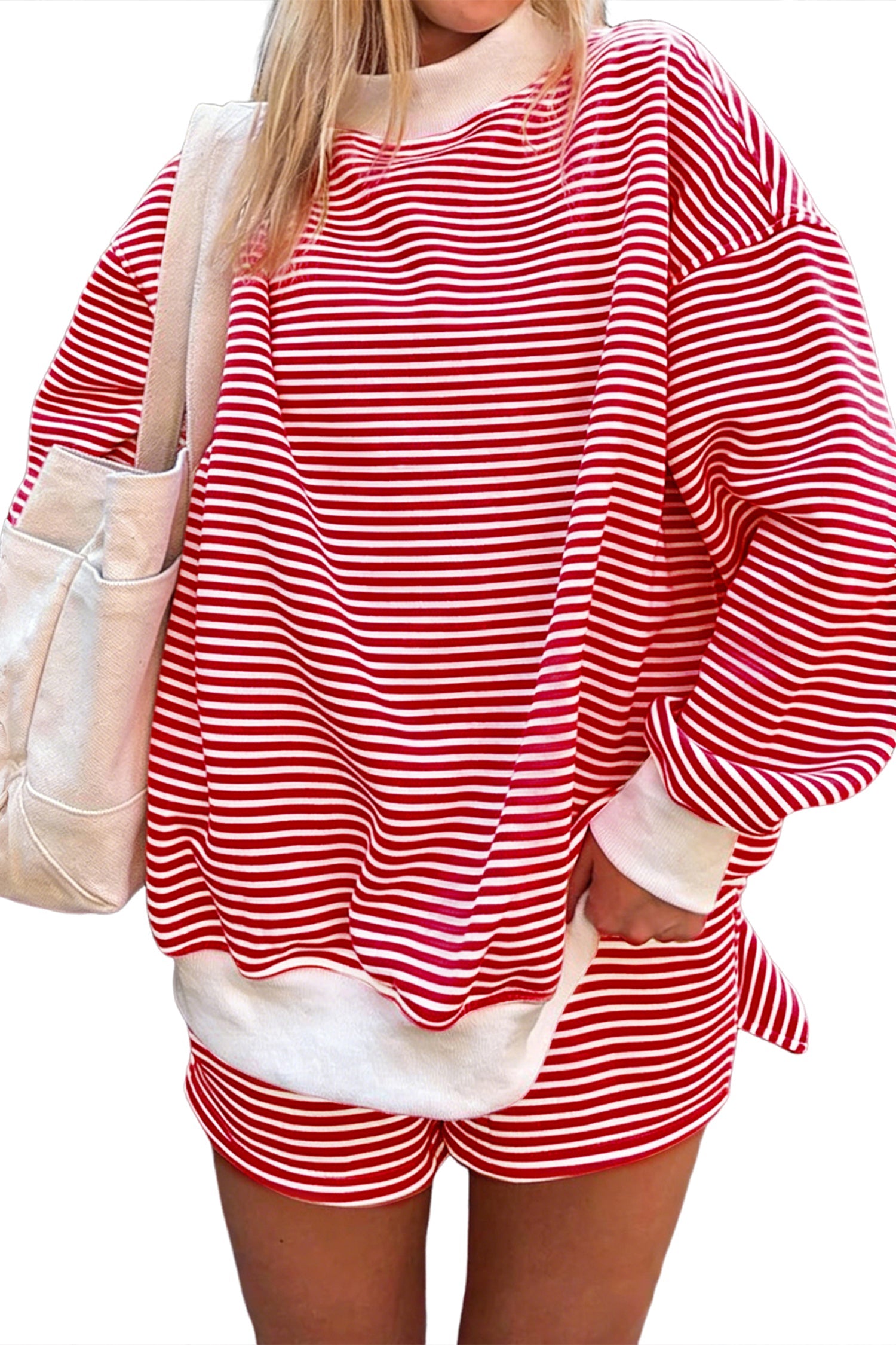 Stripe Sweatshirt Oversize Mock-Neck and Shorts Set in Red