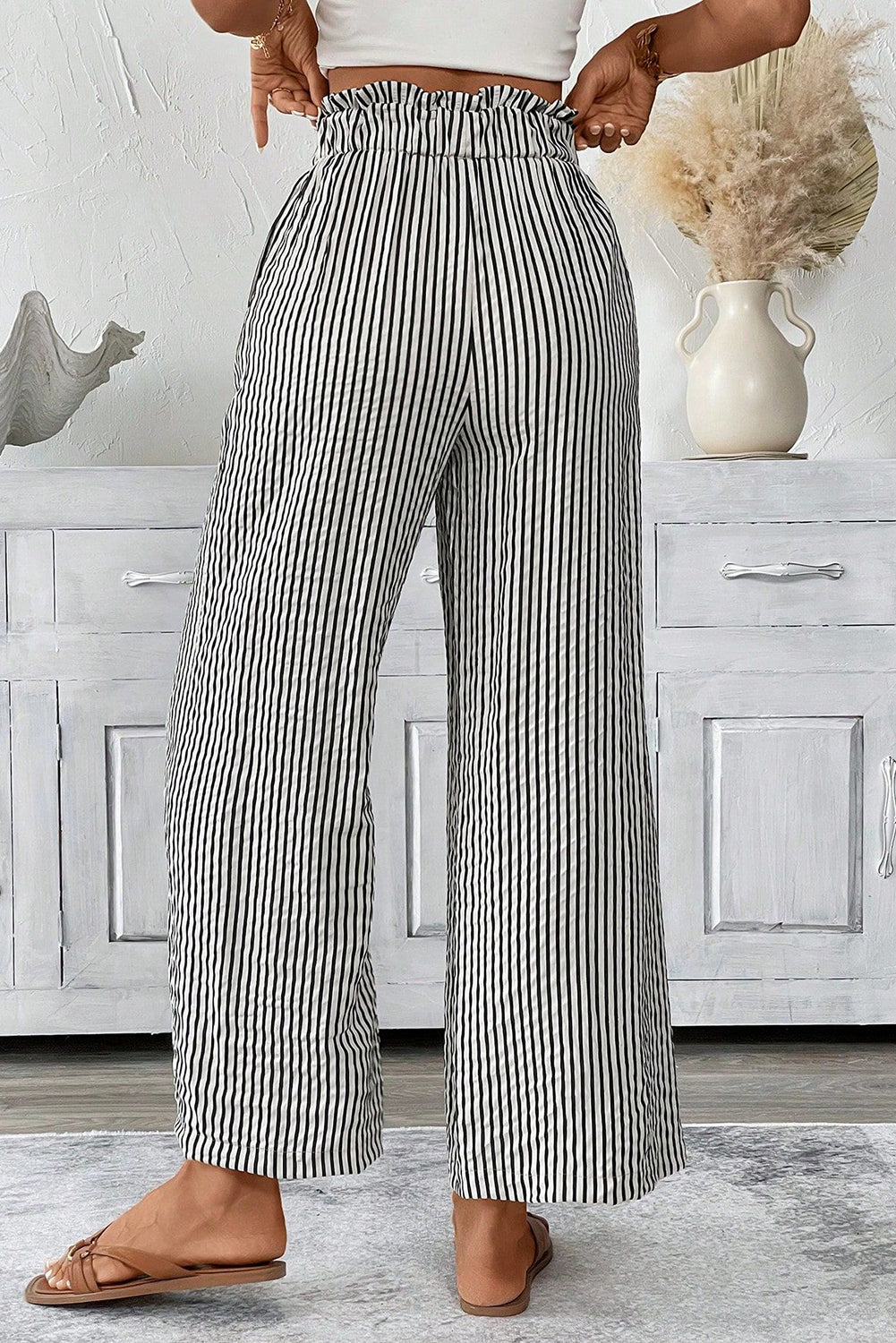High-Waisted Stripe Tied Loose Straight Everyday Pants in Black