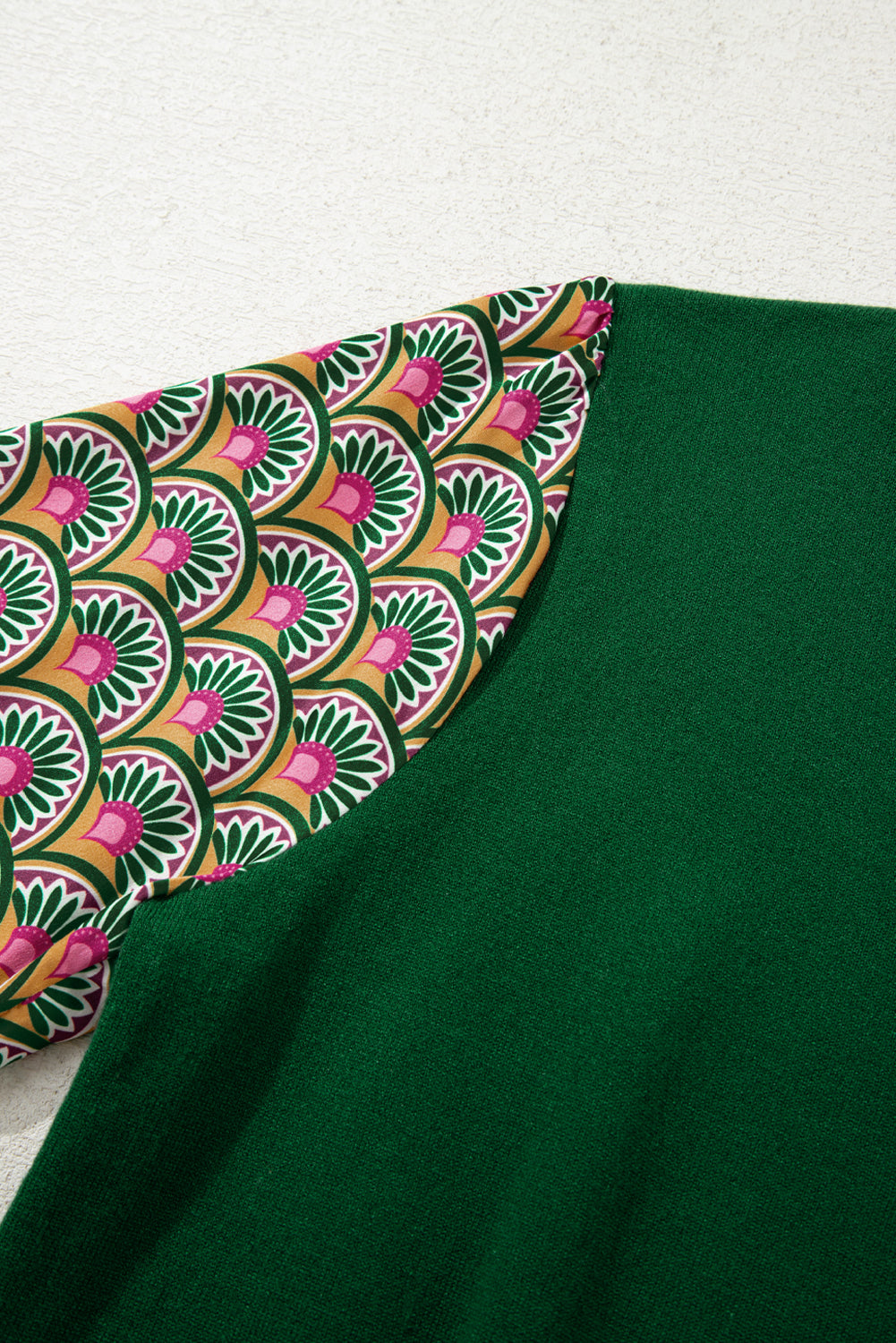 Floral Cuff Patchwork Shirred Puff Sleeve Knit Top
