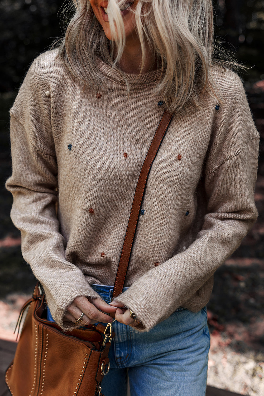 Colored Dot Contrast Dot Detail Drop-Shoulder Knit Top