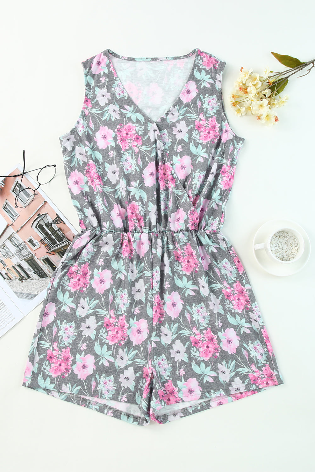Romper for Women Vintage Wash Floral-Print Print Sleeveless