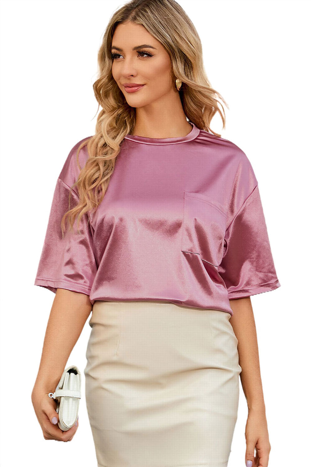 Women's T Shirt with Pink Chest Pocket Relaxed Fit