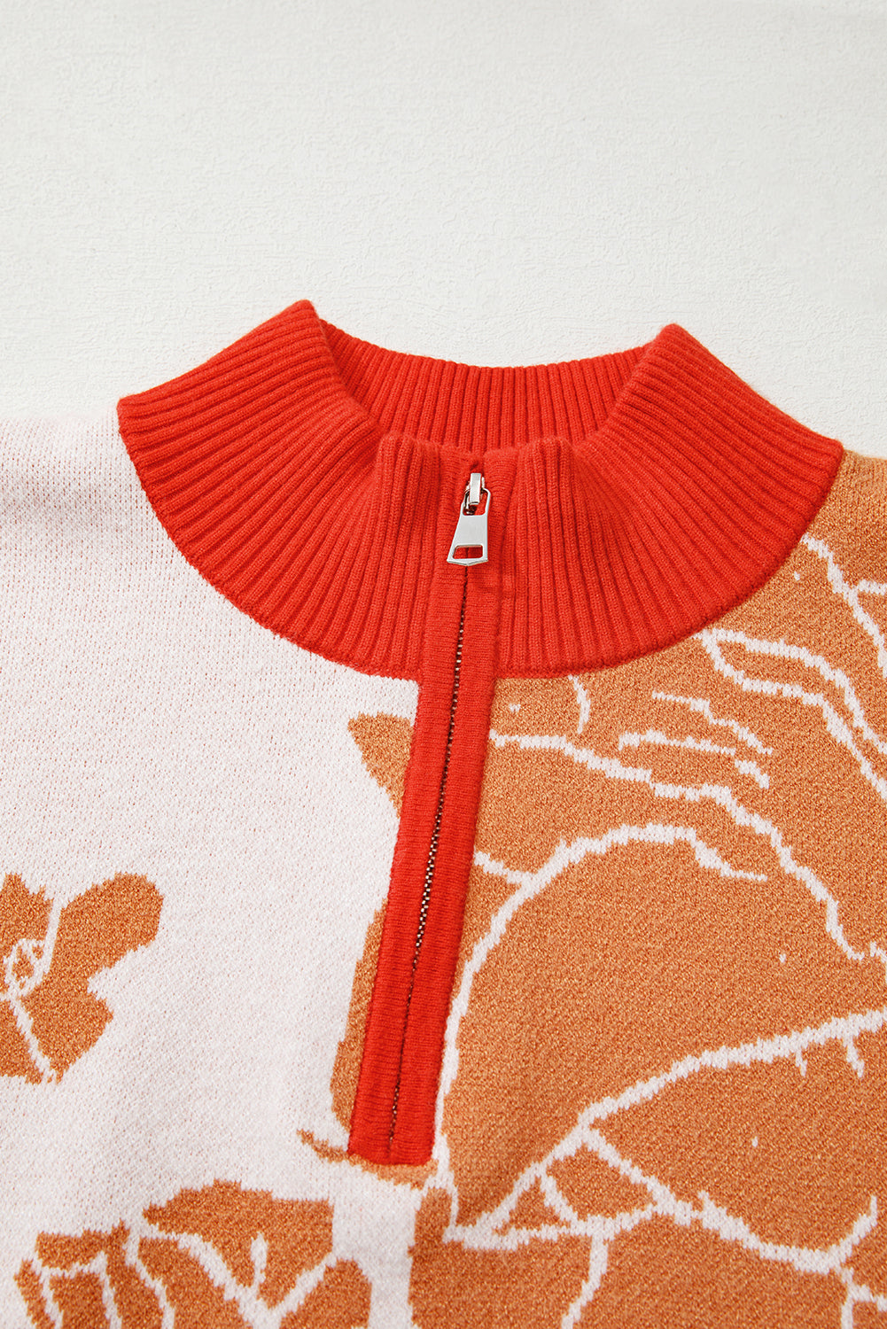 Zip Floral Half Collared Pullover Knit Top