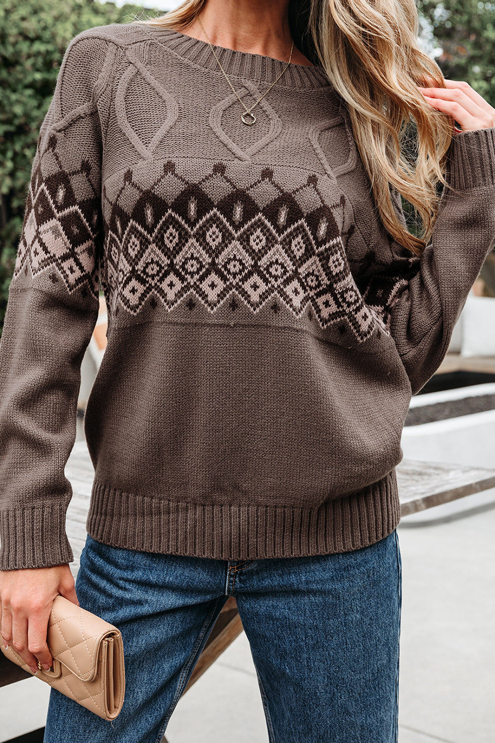 Patterned Western Geometric Crew-Neck Knit Knit Top