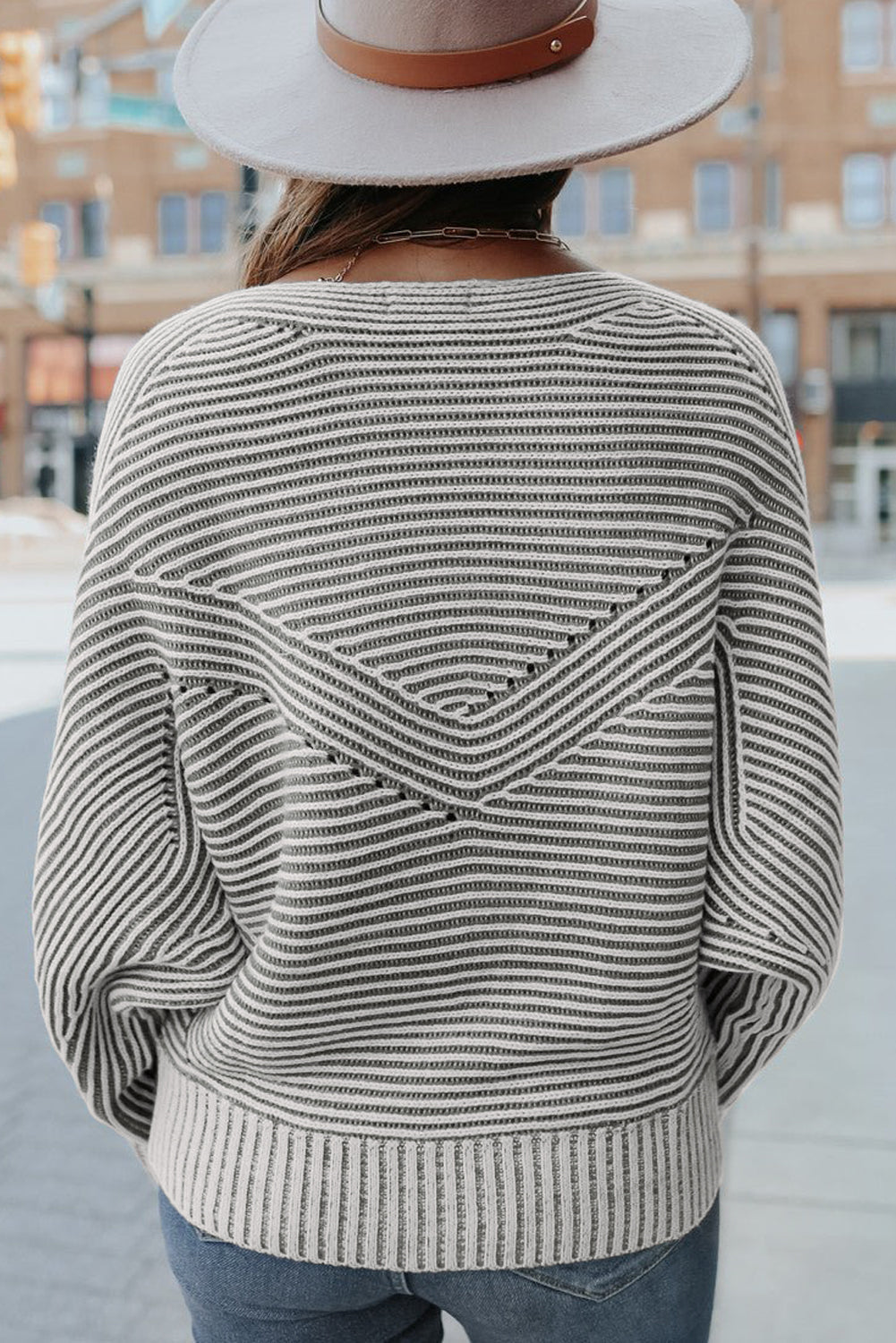Striped Print Rib-Knit Knit Boat Neck Baggy Knit Top