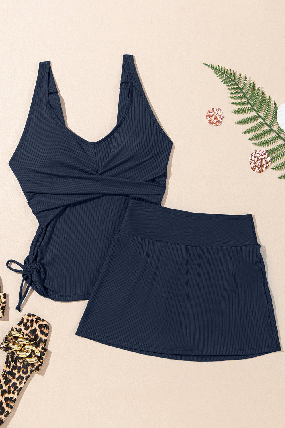 Rib-Knit Knit Crossed Detail Tank Skort 2pcs Swimsuit in Navy Blue