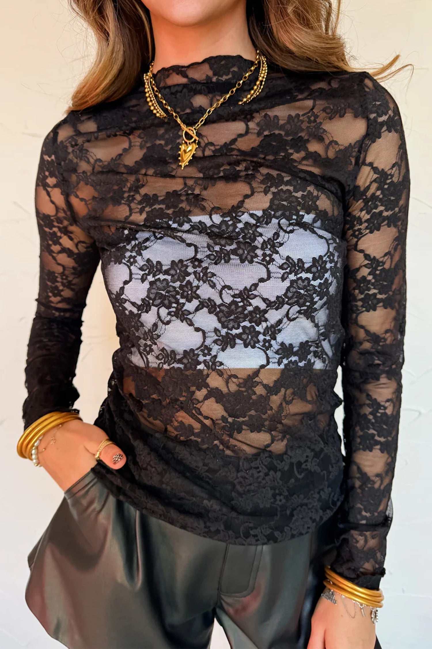Lace Sheer Floral Lettuce Trim Mock-Neck Long-Sleeved Top in Black