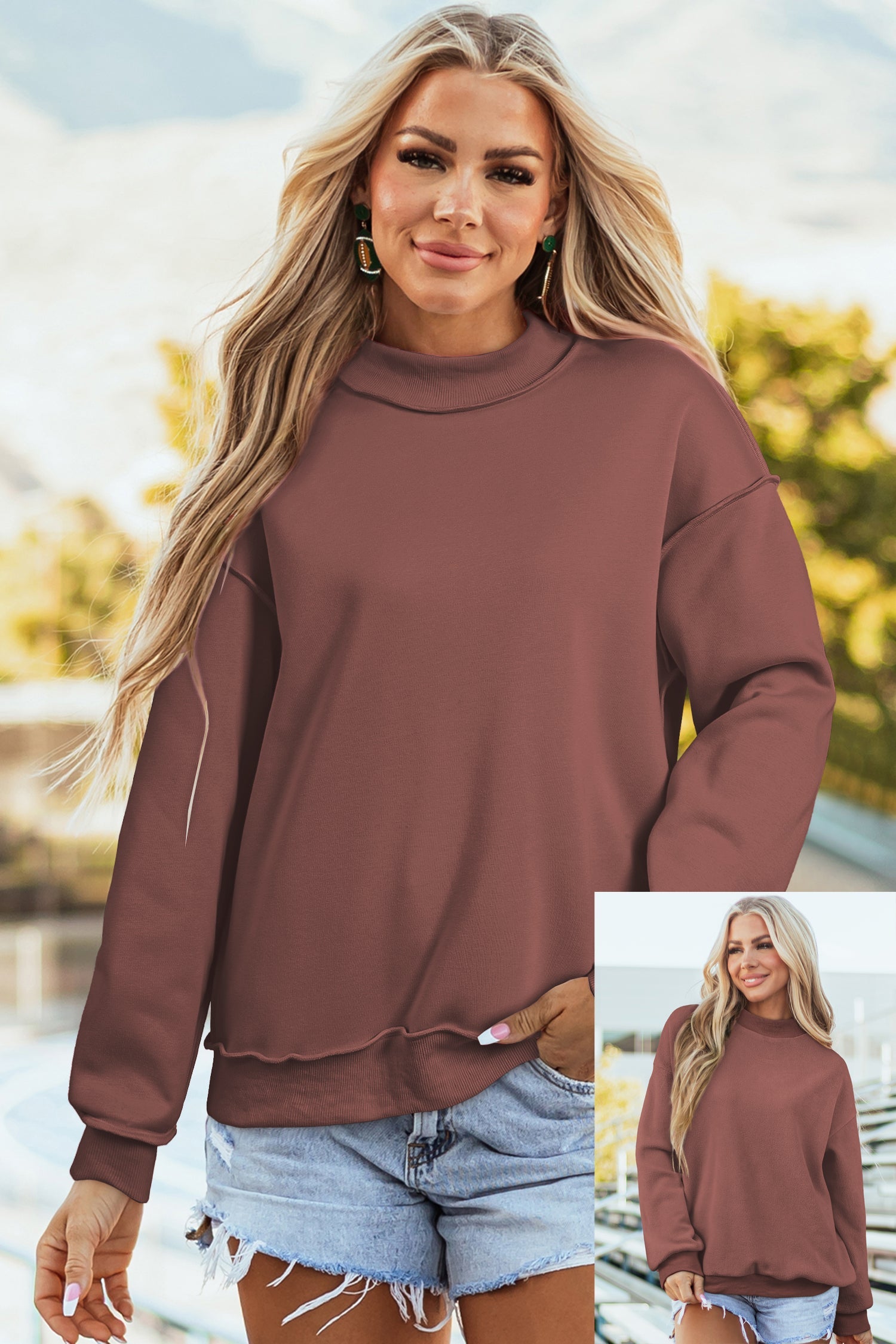 Coffee Reversible Oversize Drop-Shoulder Mock-Neck Sweatshirt