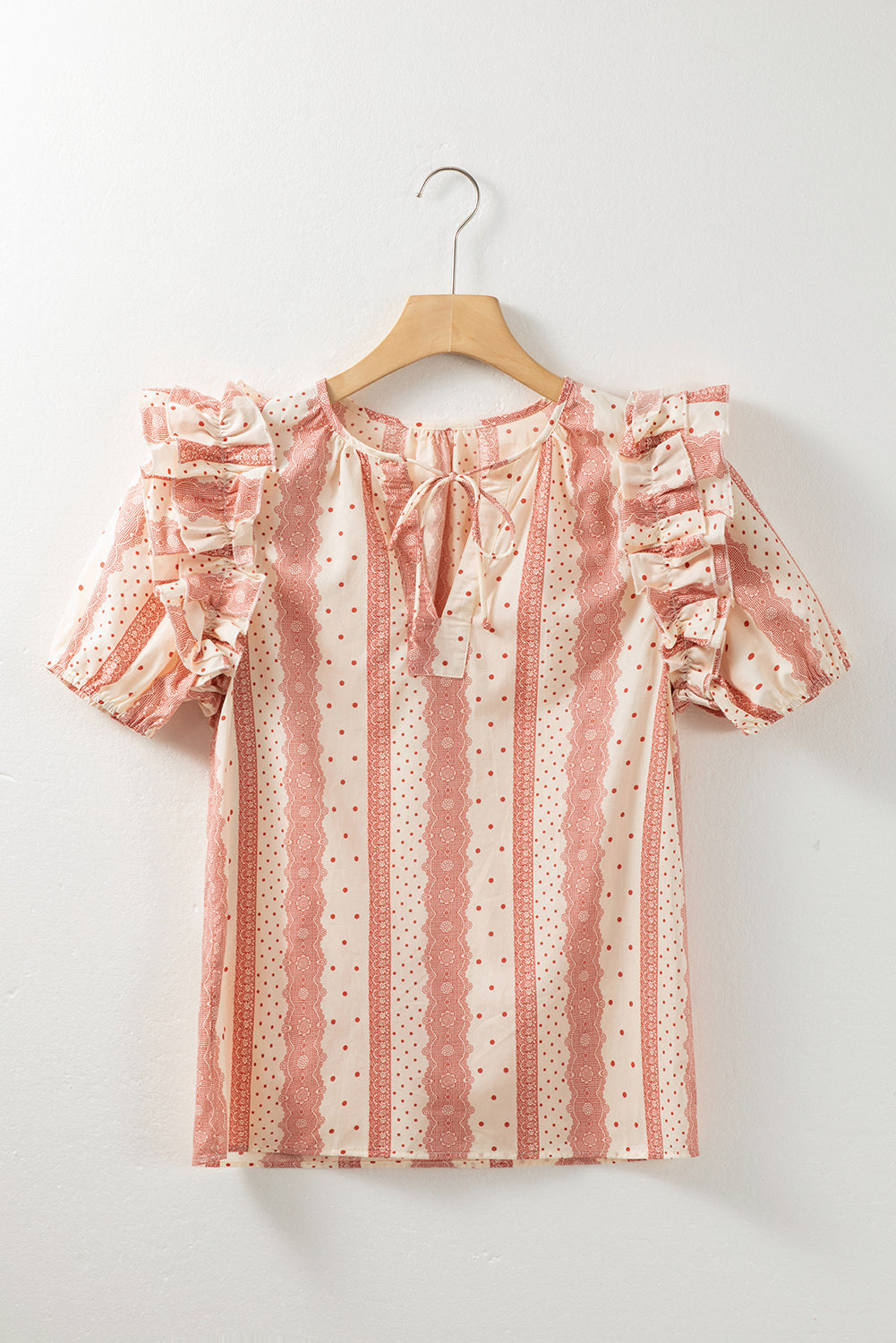 Women's Frill-Trimmed Short Balloon Sleeve Mixed Print Blouse