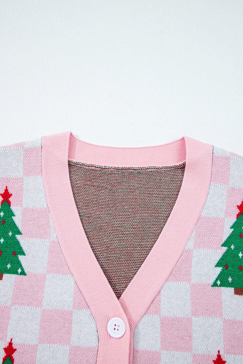 Checkered Christmas Tree Pattern Button V-Neck Cardigan Knit Top