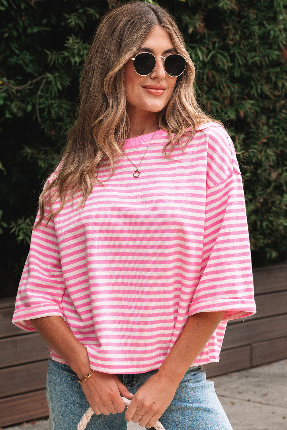 Back Bowknot Cutout Drop-Shoulder Wide Bracelet Sleeve Loose Tee