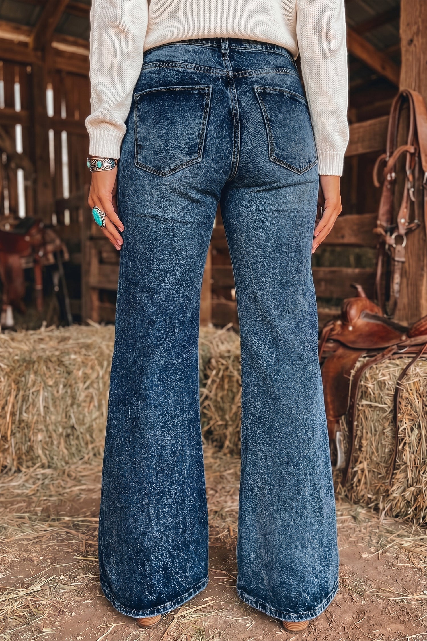 Acid Sail Blue Wash Pocket Detail Flare Jeans