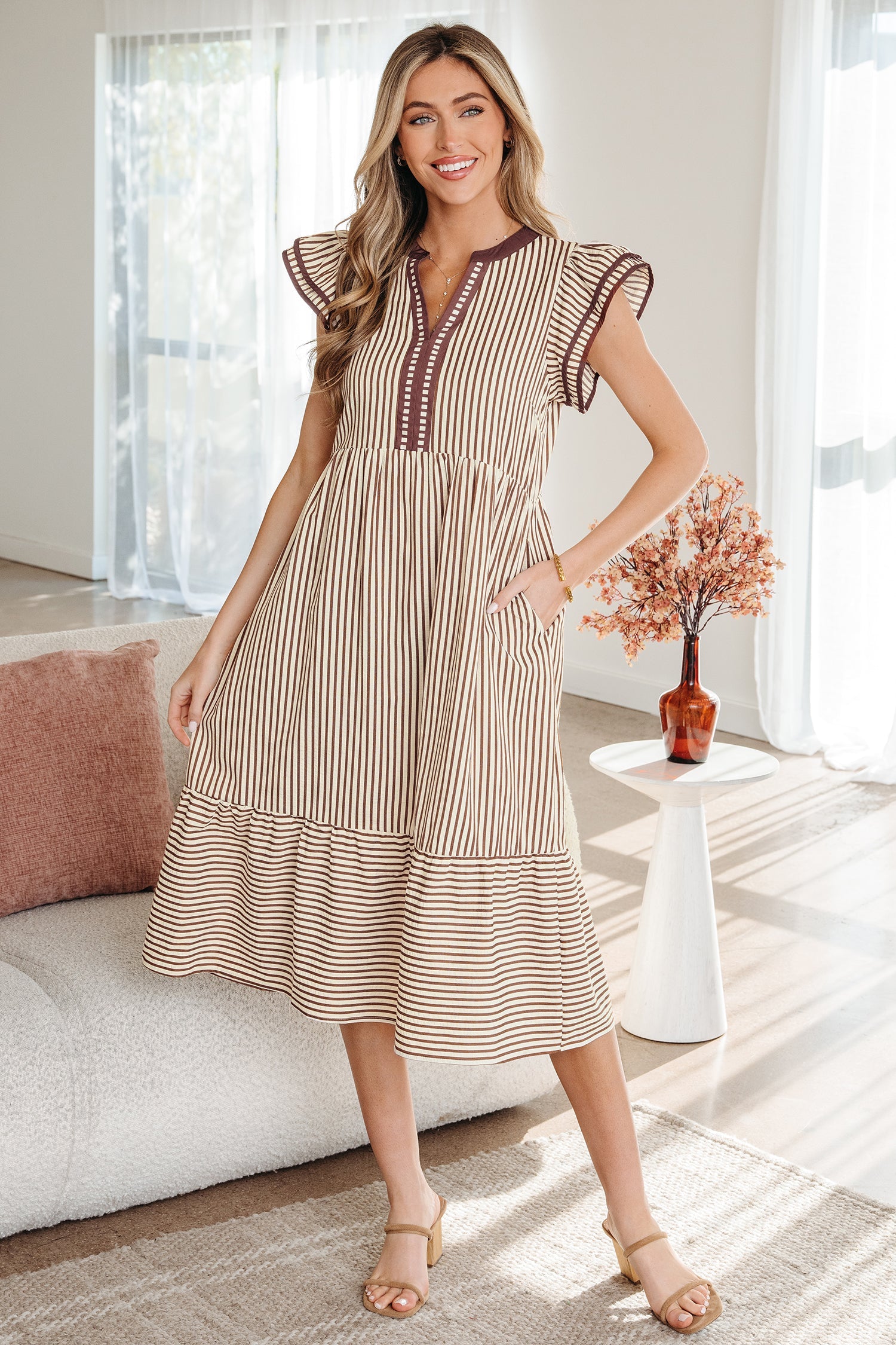 Double Ruffled Short-Sleeved Contrast Trim V-Neck Midi Dress