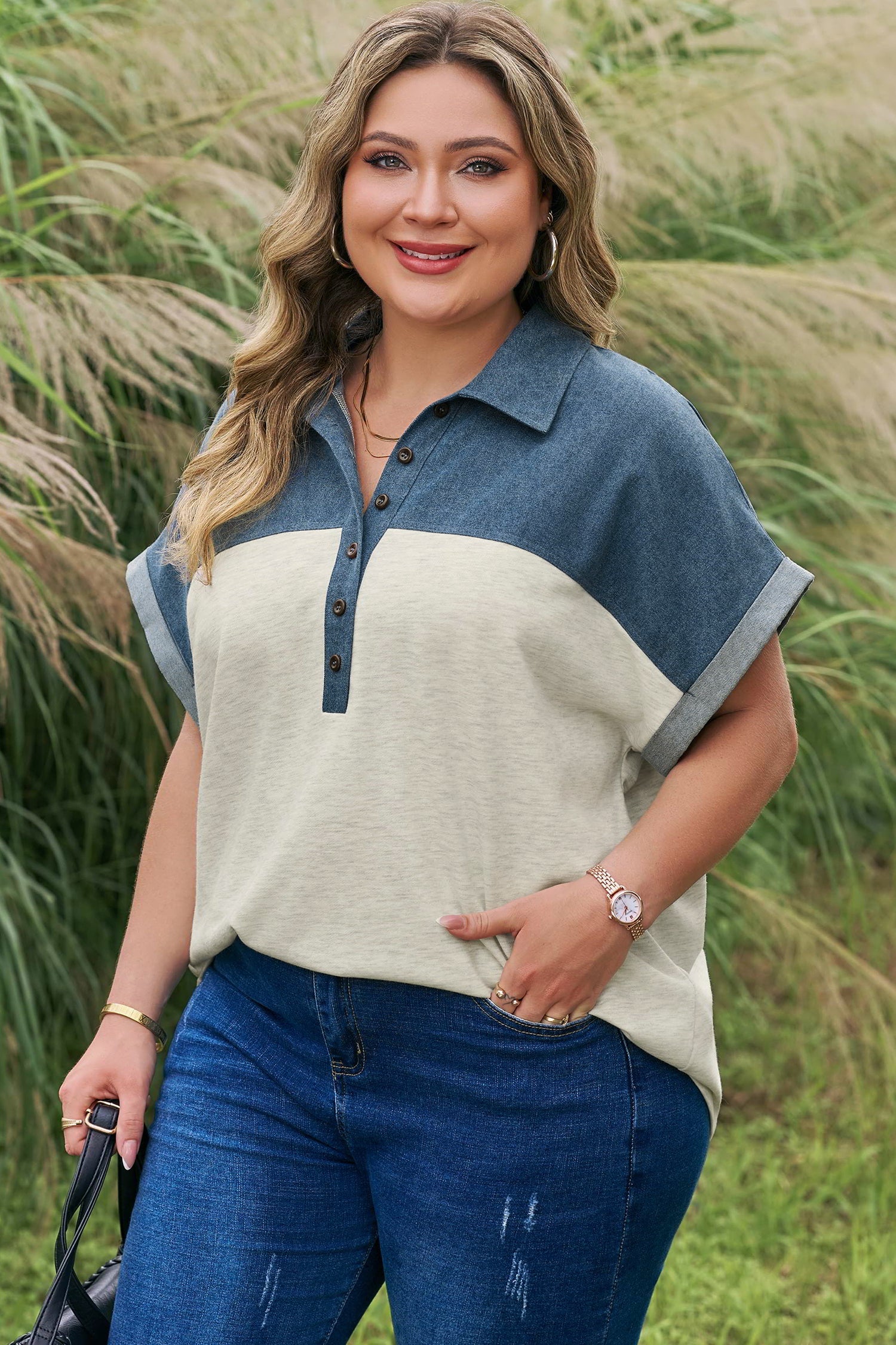 Light Buttons Grey Half Collared Denim Plus Short-Sleeved Top