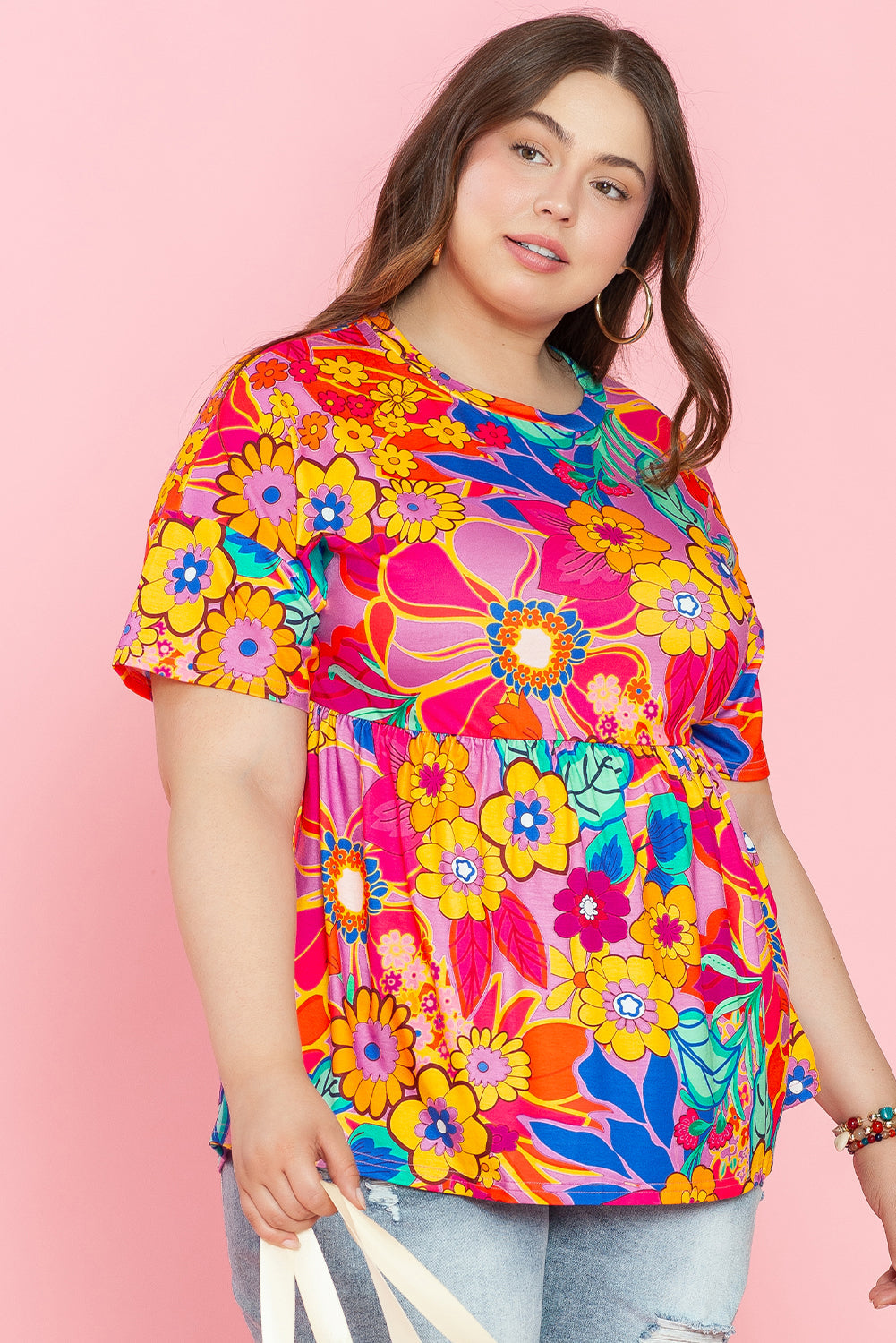 Chemisier babydoll imprimé floral à manches courtes de grande taille