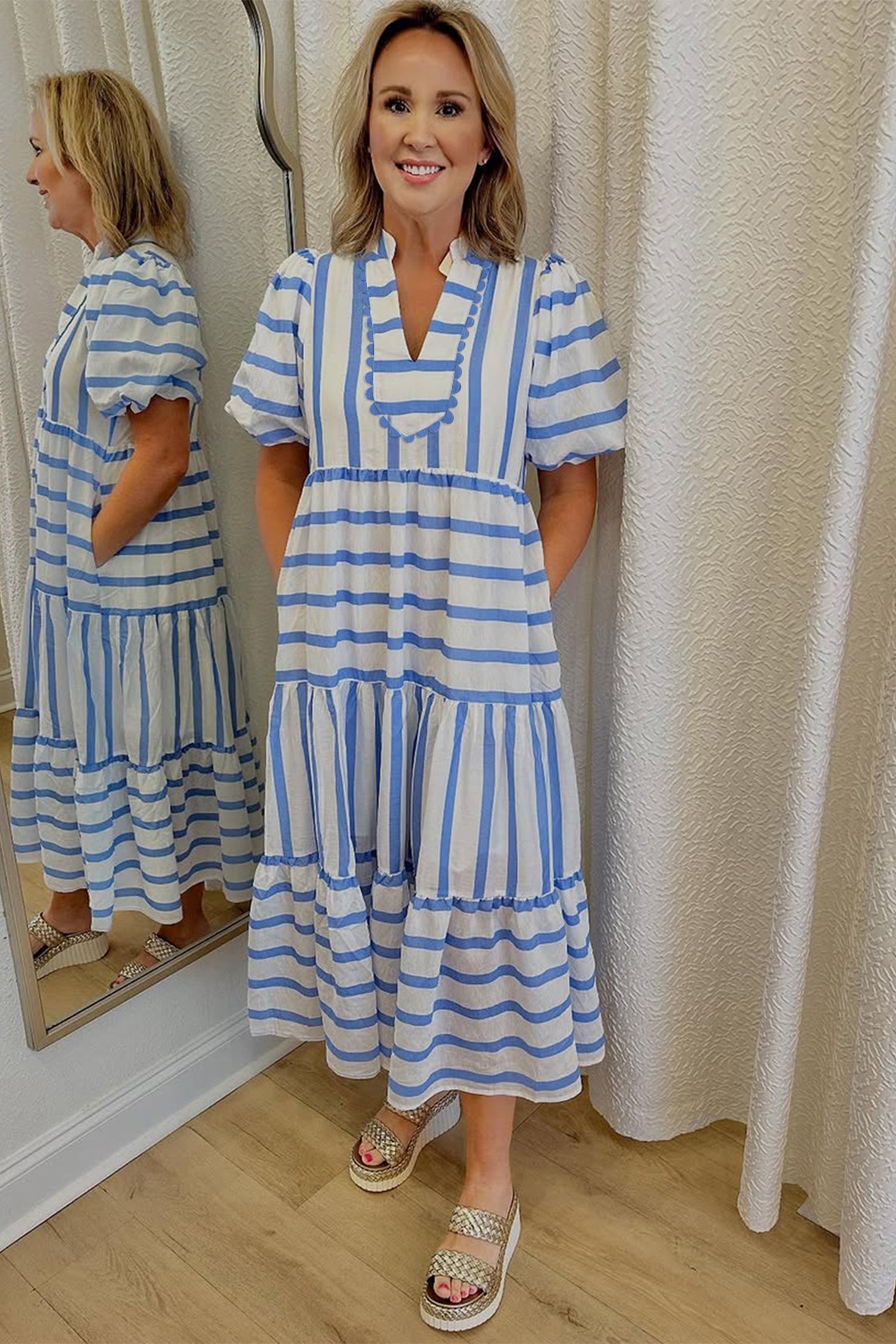 Ricrac Neck Trim Notched Half Sleeve Vacation Dress
