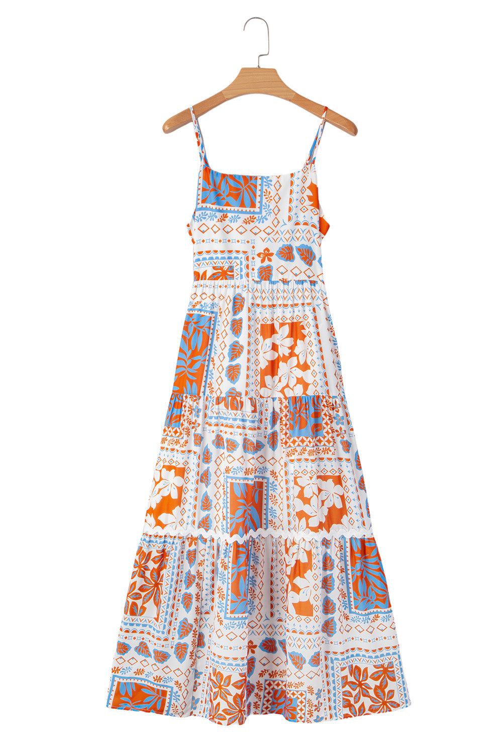 Multi Printed Ricrac Trim Spaghetti Straps Maxi Dress