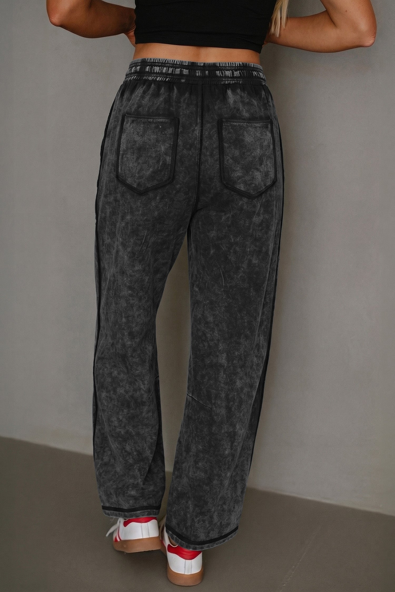 Raw Seam Drawcord Elastic Waist Barrel Pants in Black