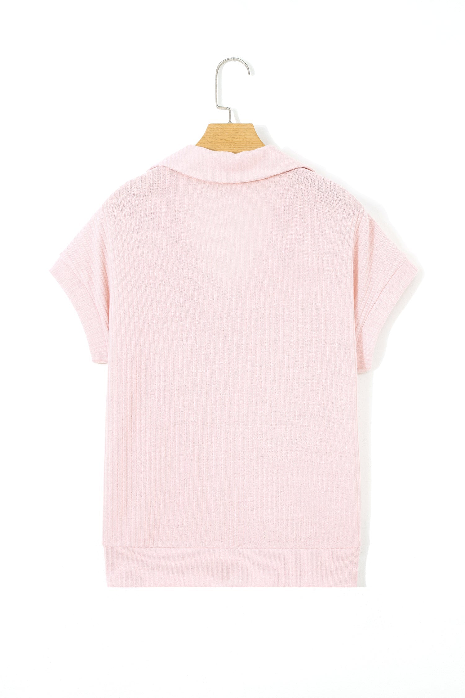 Rib-Knit Collared V-Neck Tee in Light Pink