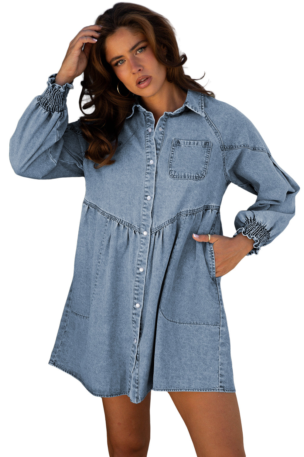 Smocked Cuffs Flared Denim Shirt Mini Dress