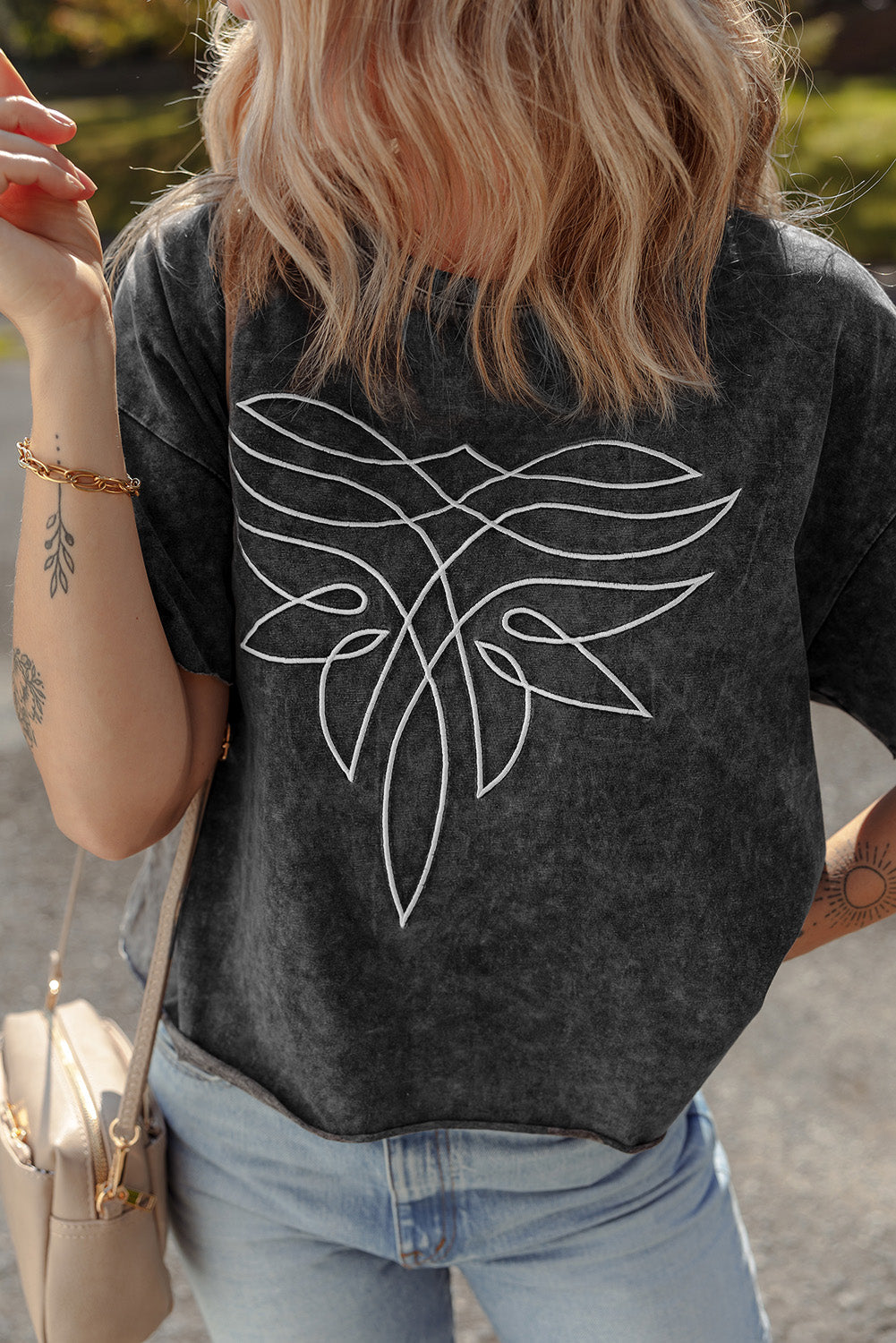 Floral Embroidered Mineral Wash Crew Neck T Shirt
