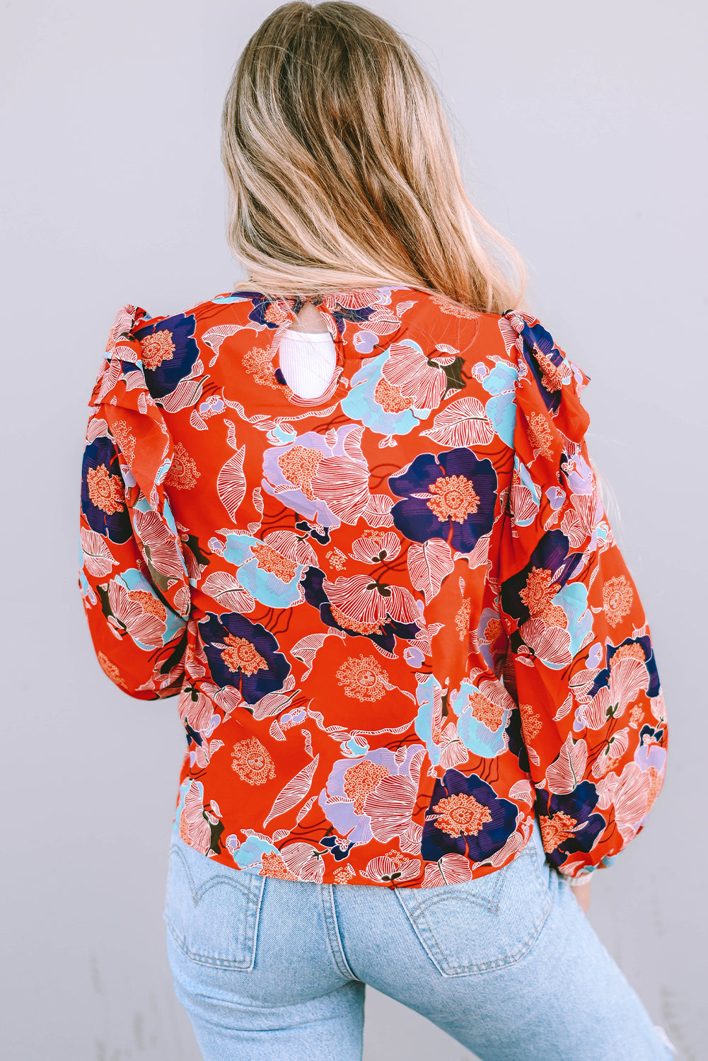 Women's Blouse Featuring Ruffle-Trimmed Balloon Sleeve Floral-Print Print