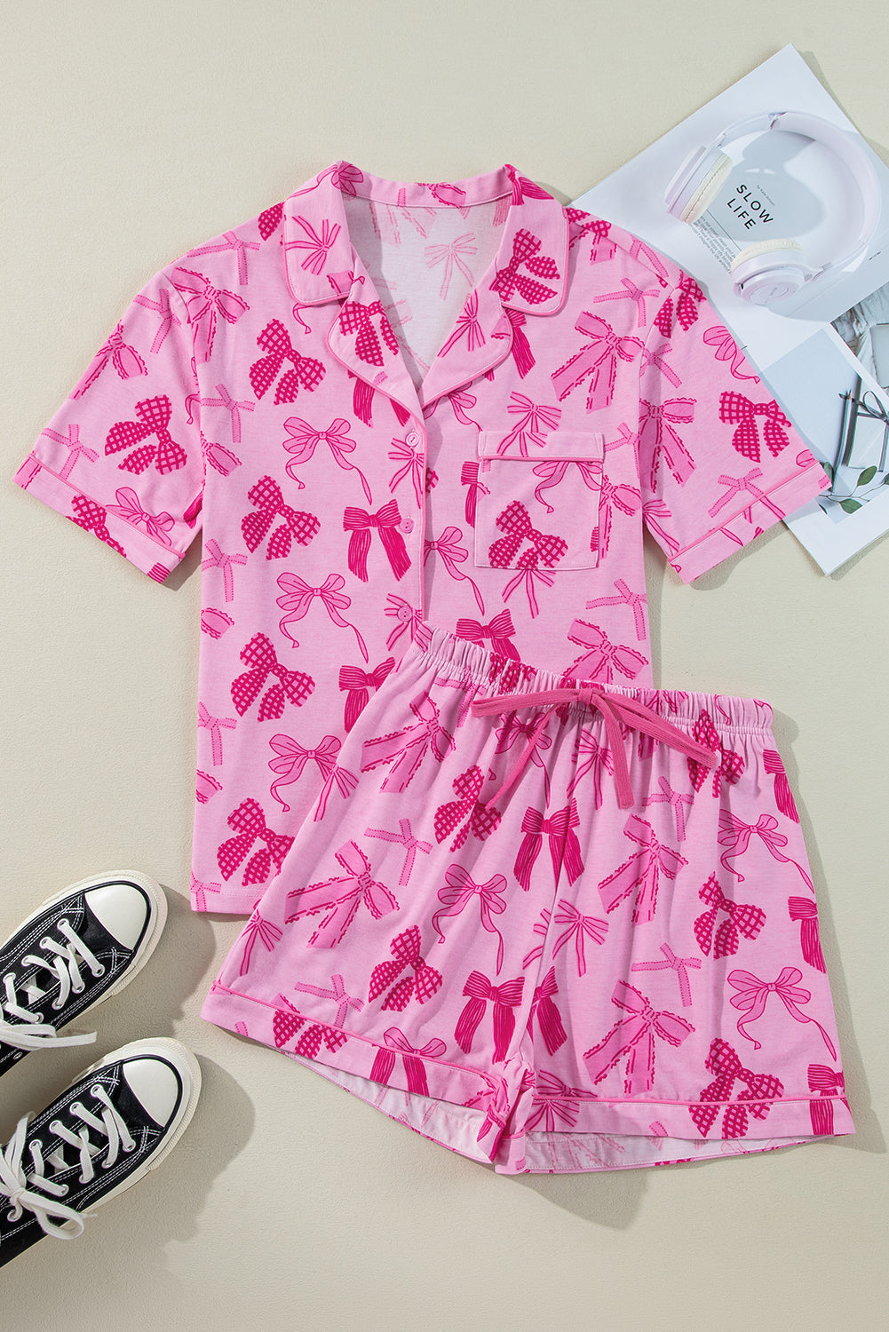 Half Bow Print Sleeve Shirt and Shorts Pajamas Set