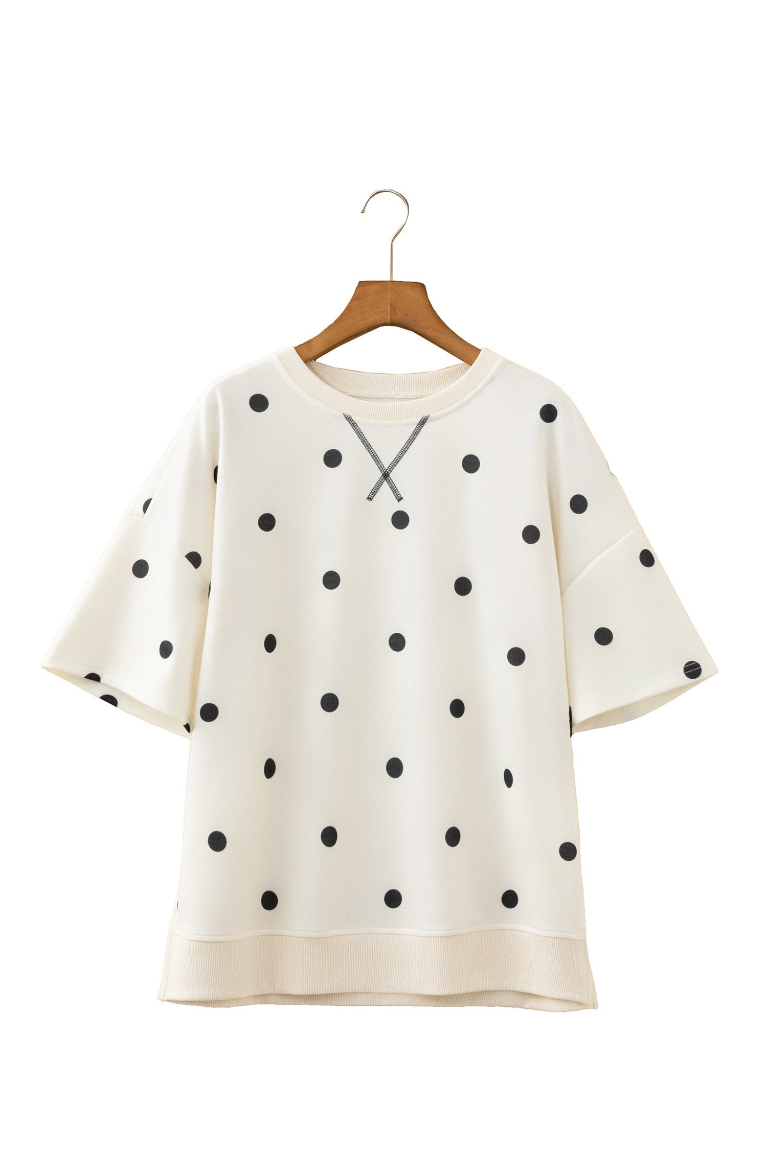 Crossed Polka-Dot Print Seam Detail Oversize Tee in Beige