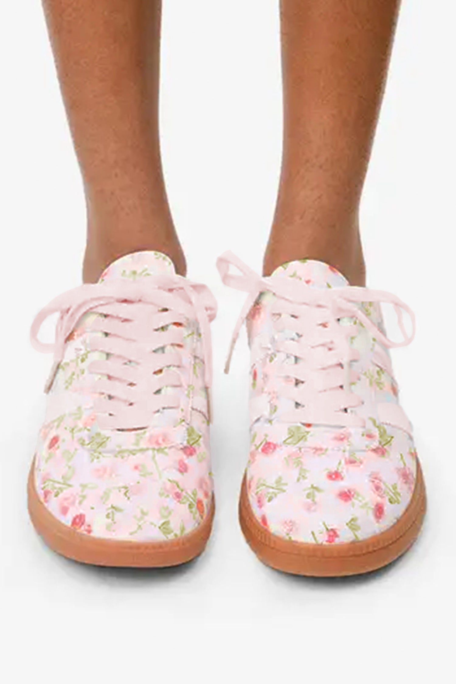 PU Floral-Print Lace-up Leather Flat Shoes in Light Pink
